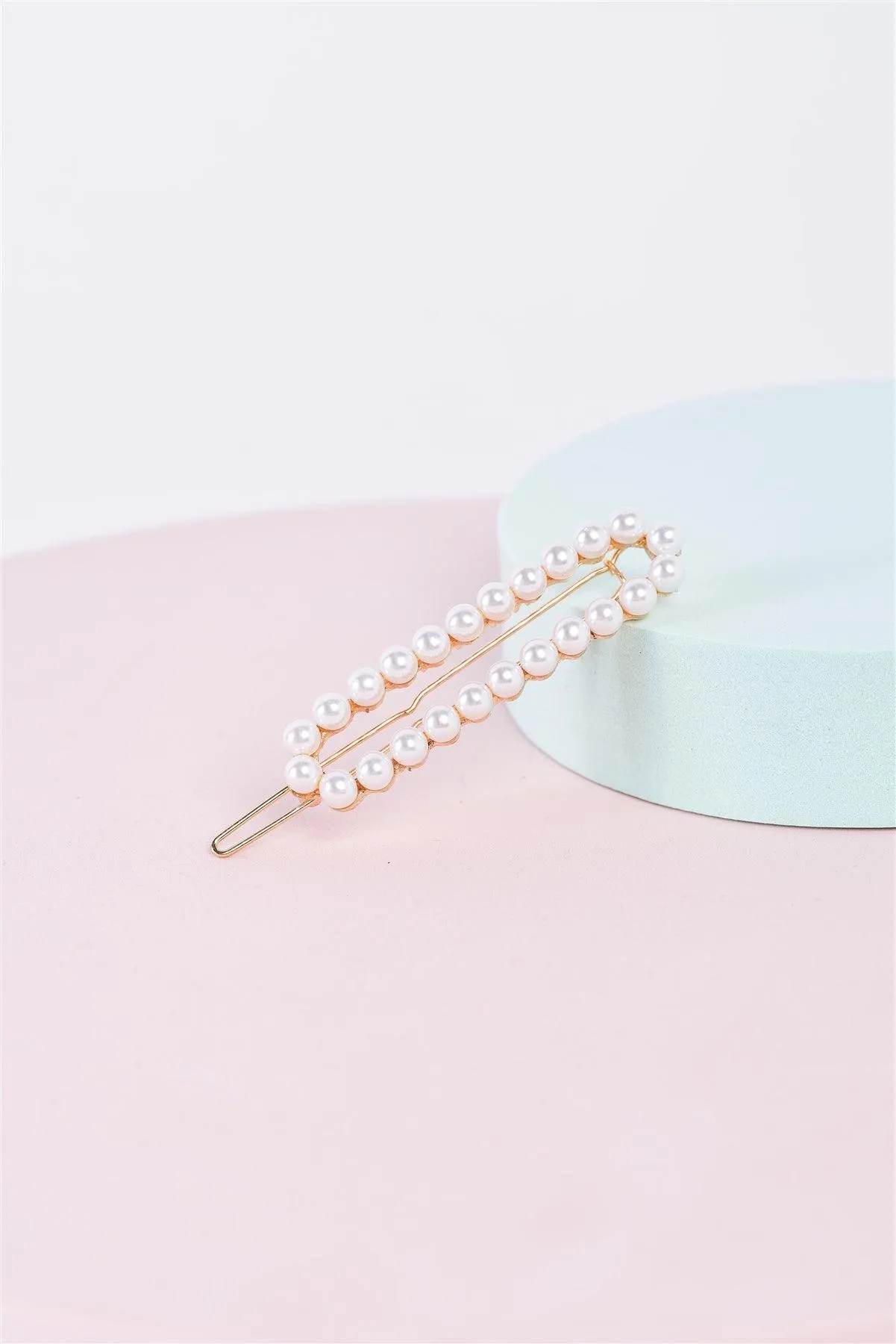 3pcs Gold & Pearl Long Oval Barrette Hair Clips