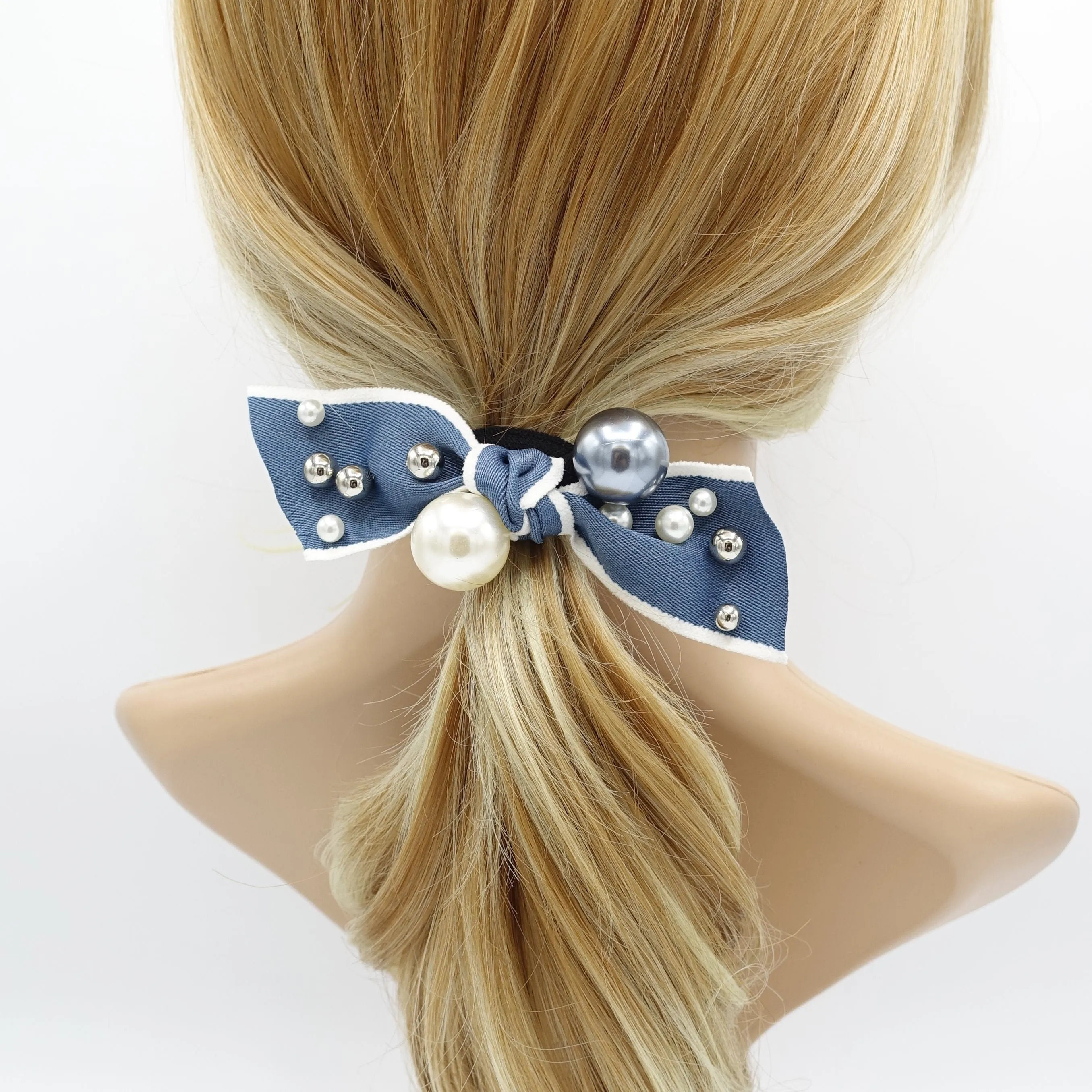 a set of pearl decorated bow knot ponytail holders hair elastic