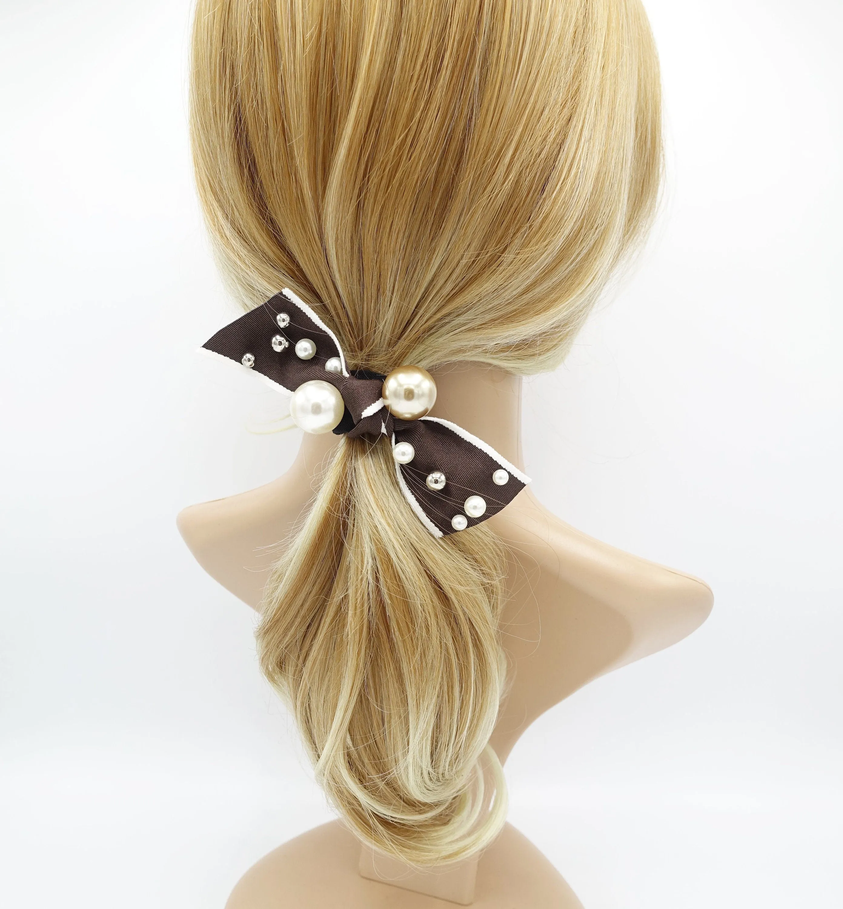 a set of pearl decorated bow knot ponytail holders hair elastic