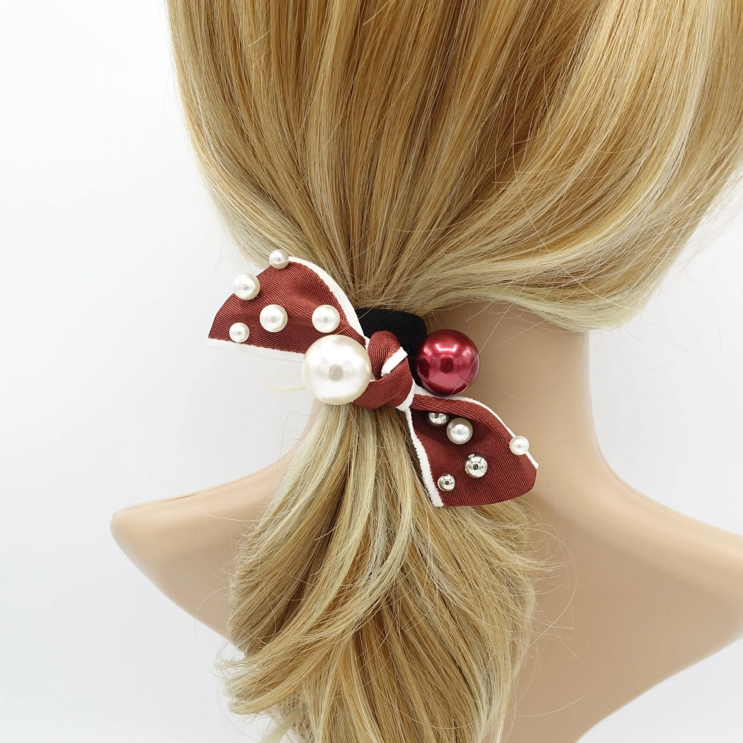 a set of pearl decorated bow knot ponytail holders hair elastic