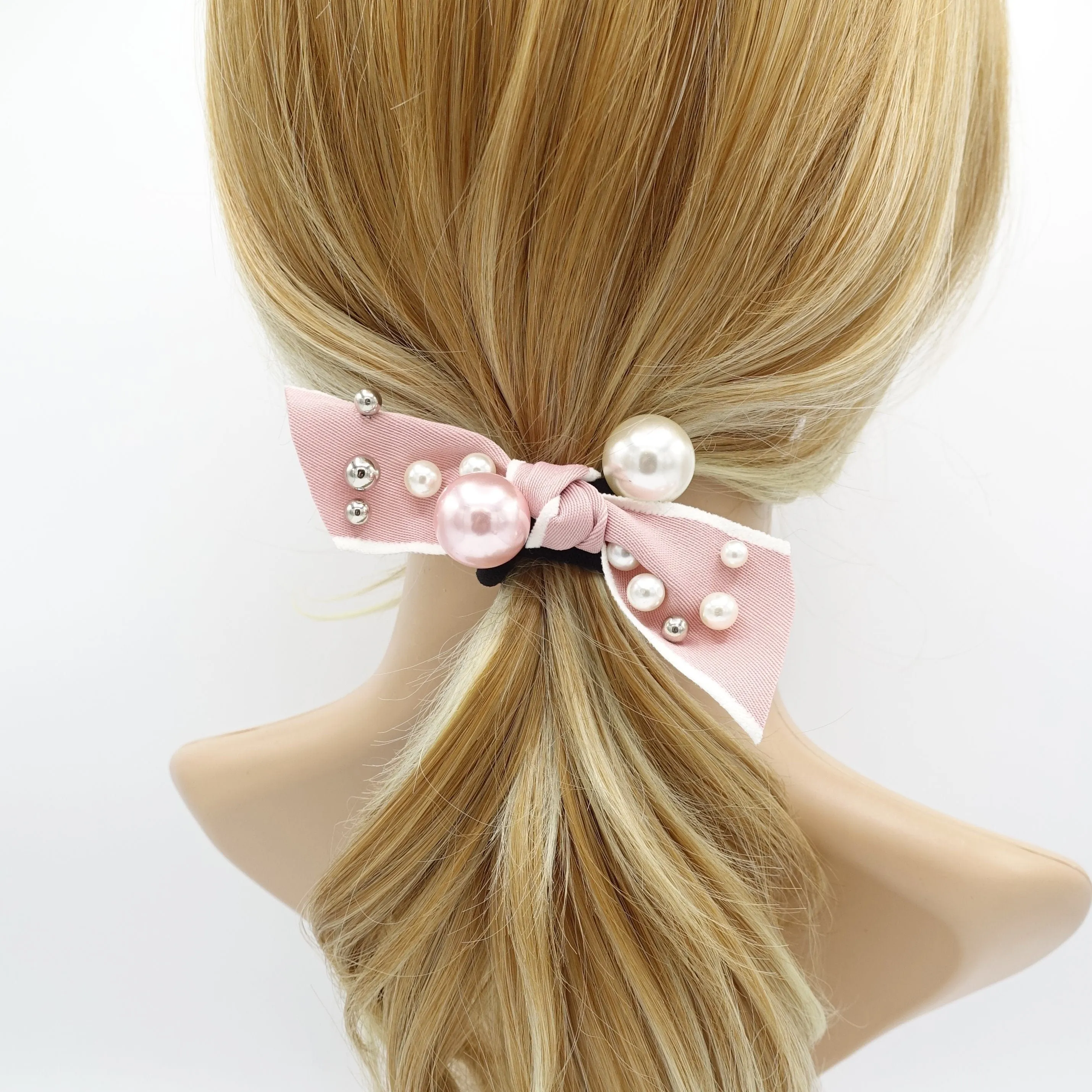 a set of pearl decorated bow knot ponytail holders hair elastic