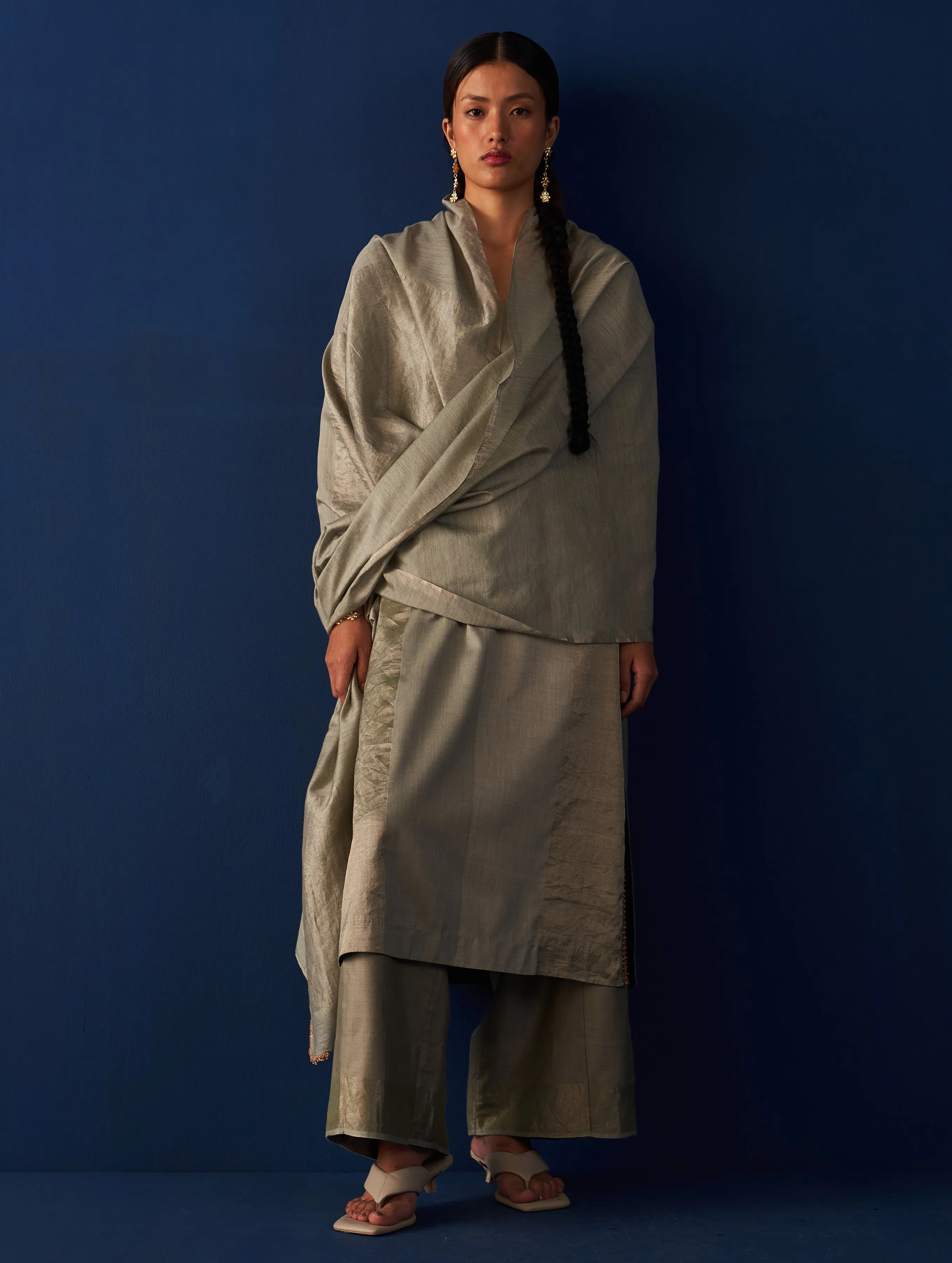 Abroo Silk Kurta Set - Sage Grey