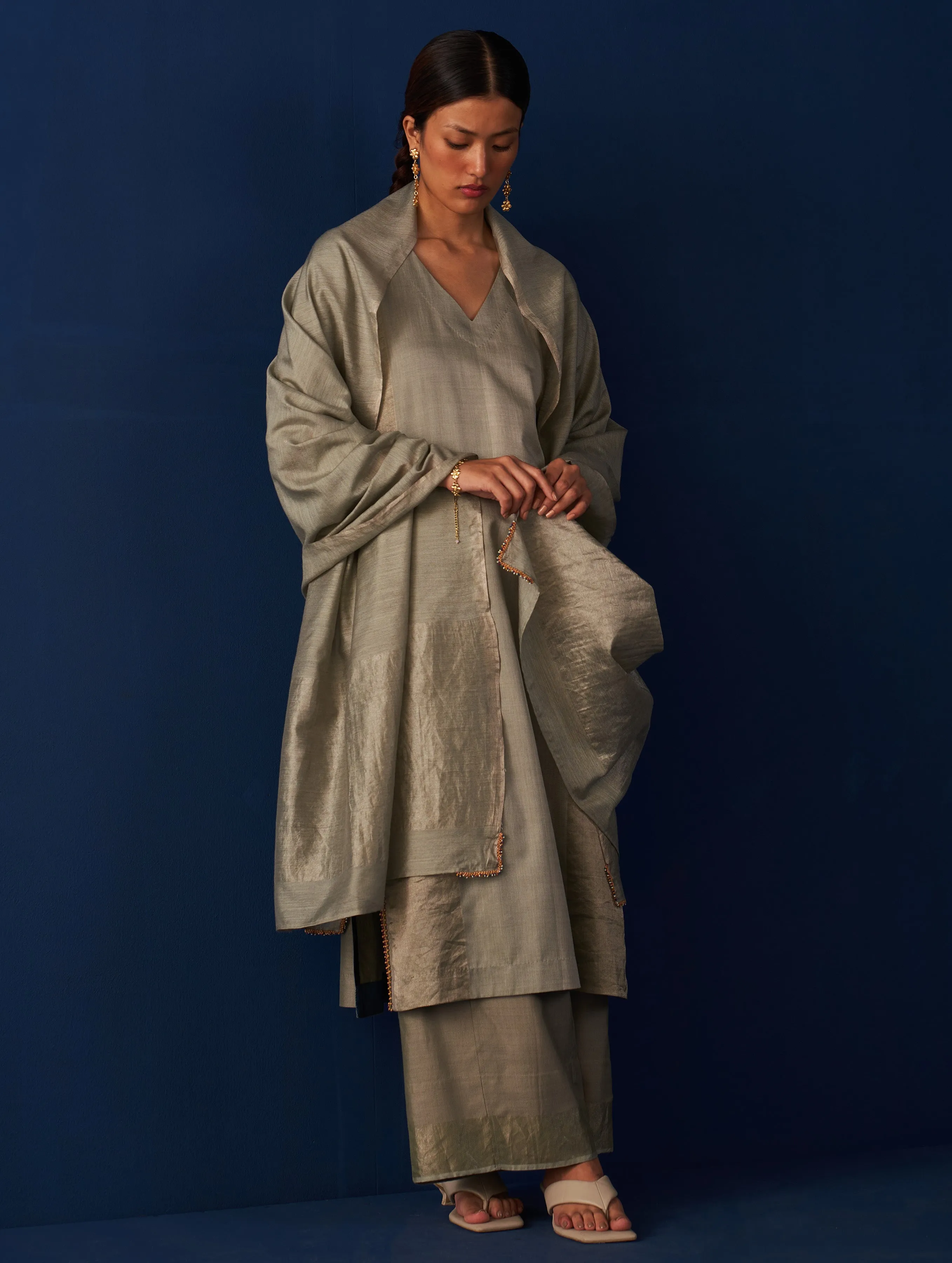 Abroo Silk Kurta Set - Sage Grey