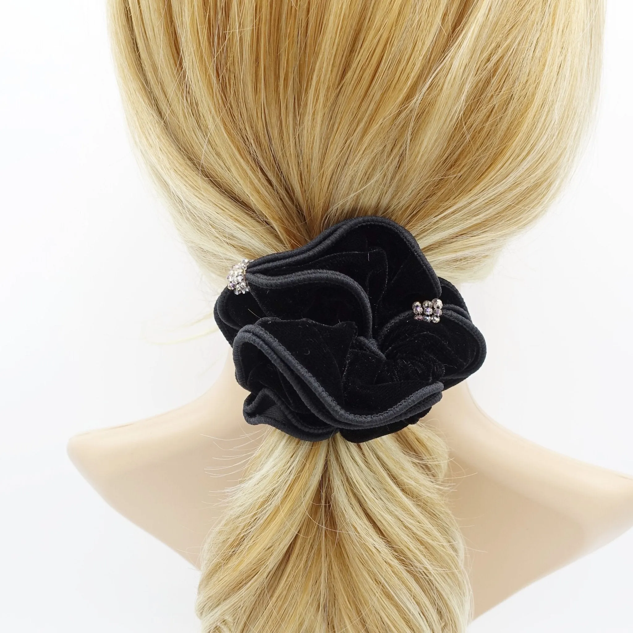 acrylic rhinestone decorated  velvet scrunchies trim embellished women hair scrunchie