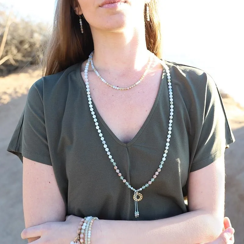 Aquamarine Sunstone and Prehnite Mala Necklace