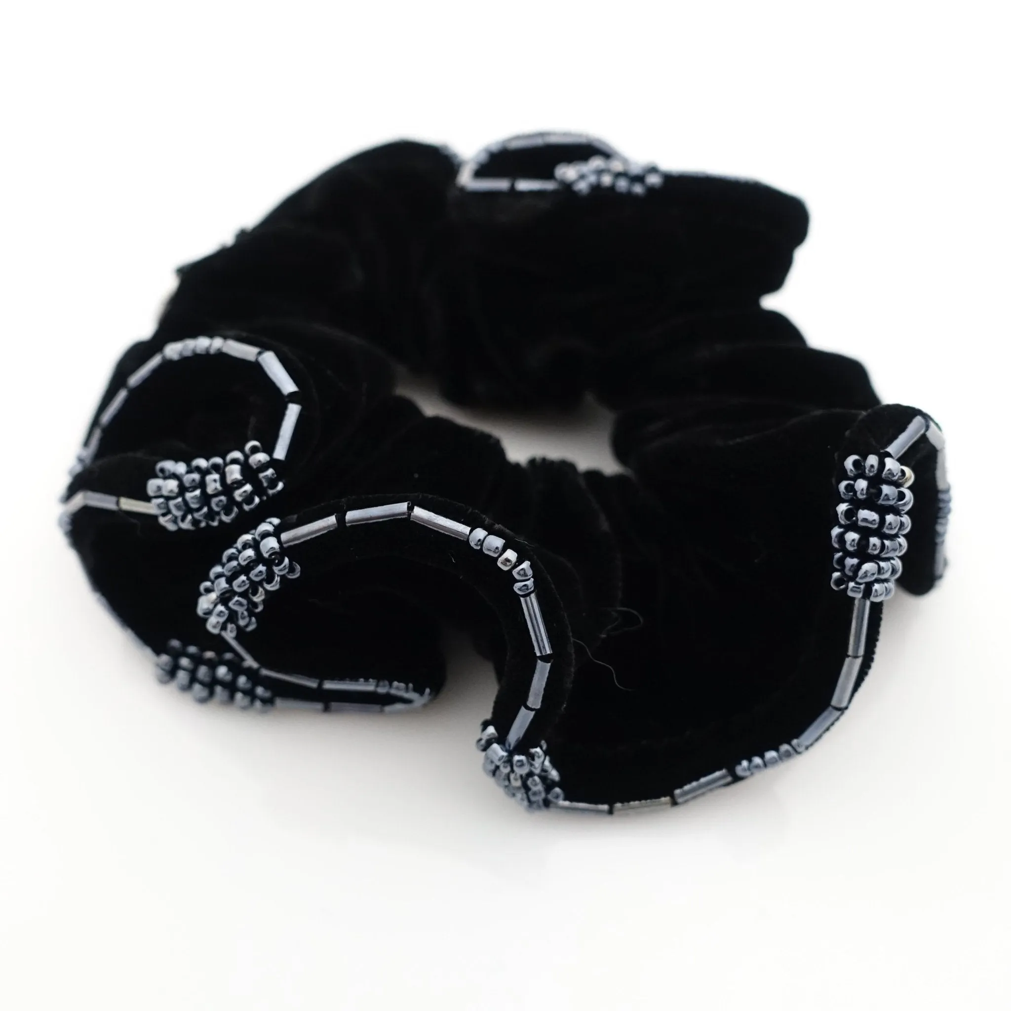 Beaded Trim Luxury Silk Velvet Hair Elastic Black Scrunchies