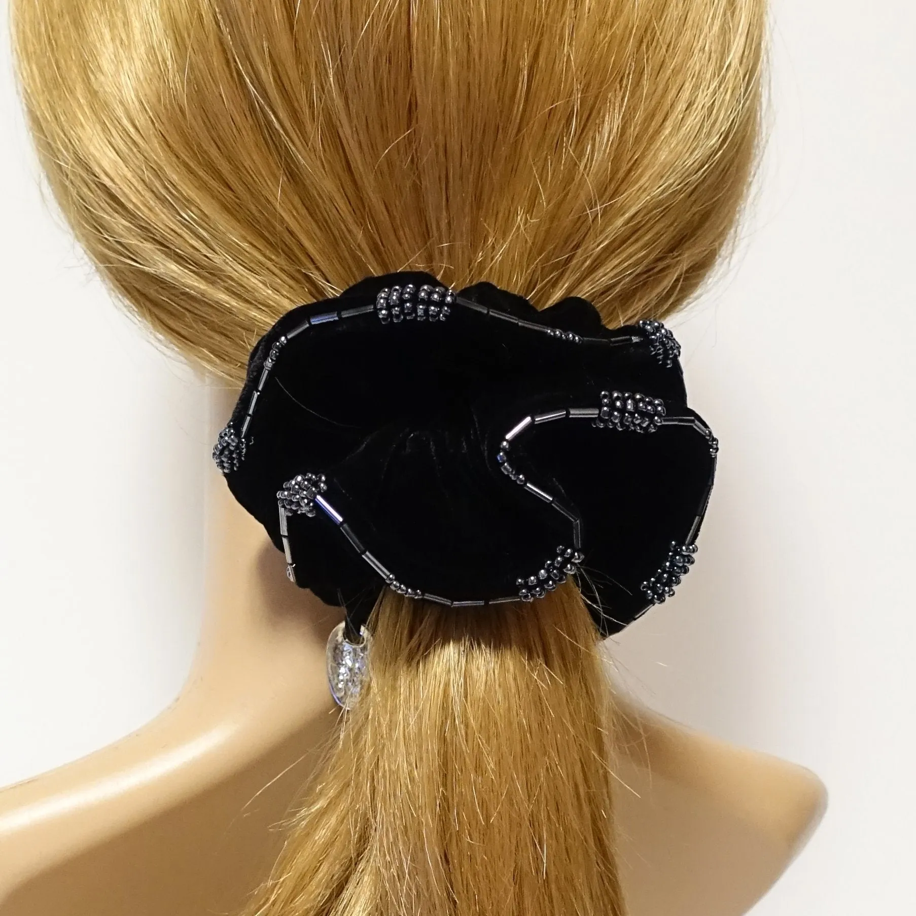 Beaded Trim Luxury Silk Velvet Hair Elastic Black Scrunchies