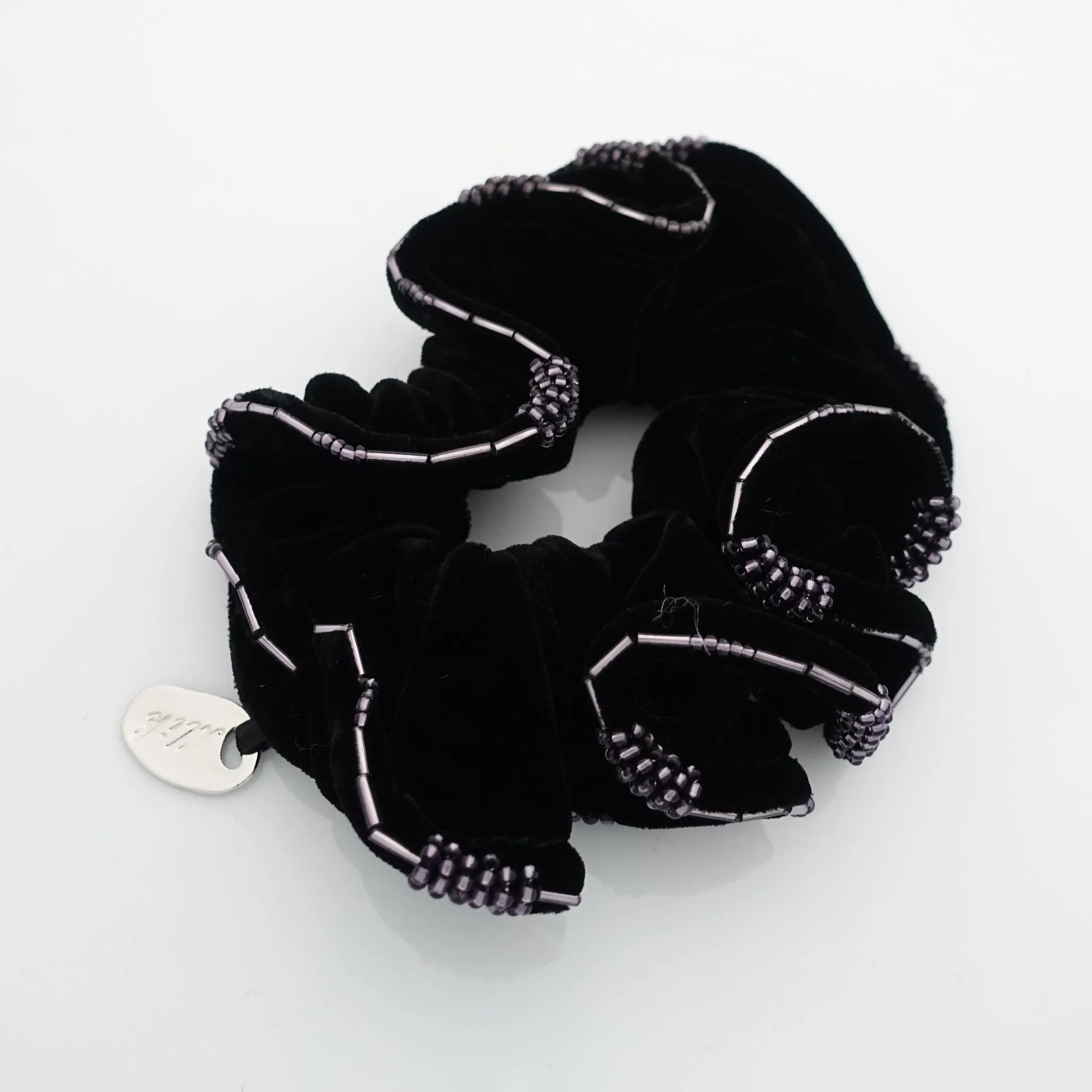 Beaded Trim Luxury Silk Velvet Hair Elastic Black Scrunchies