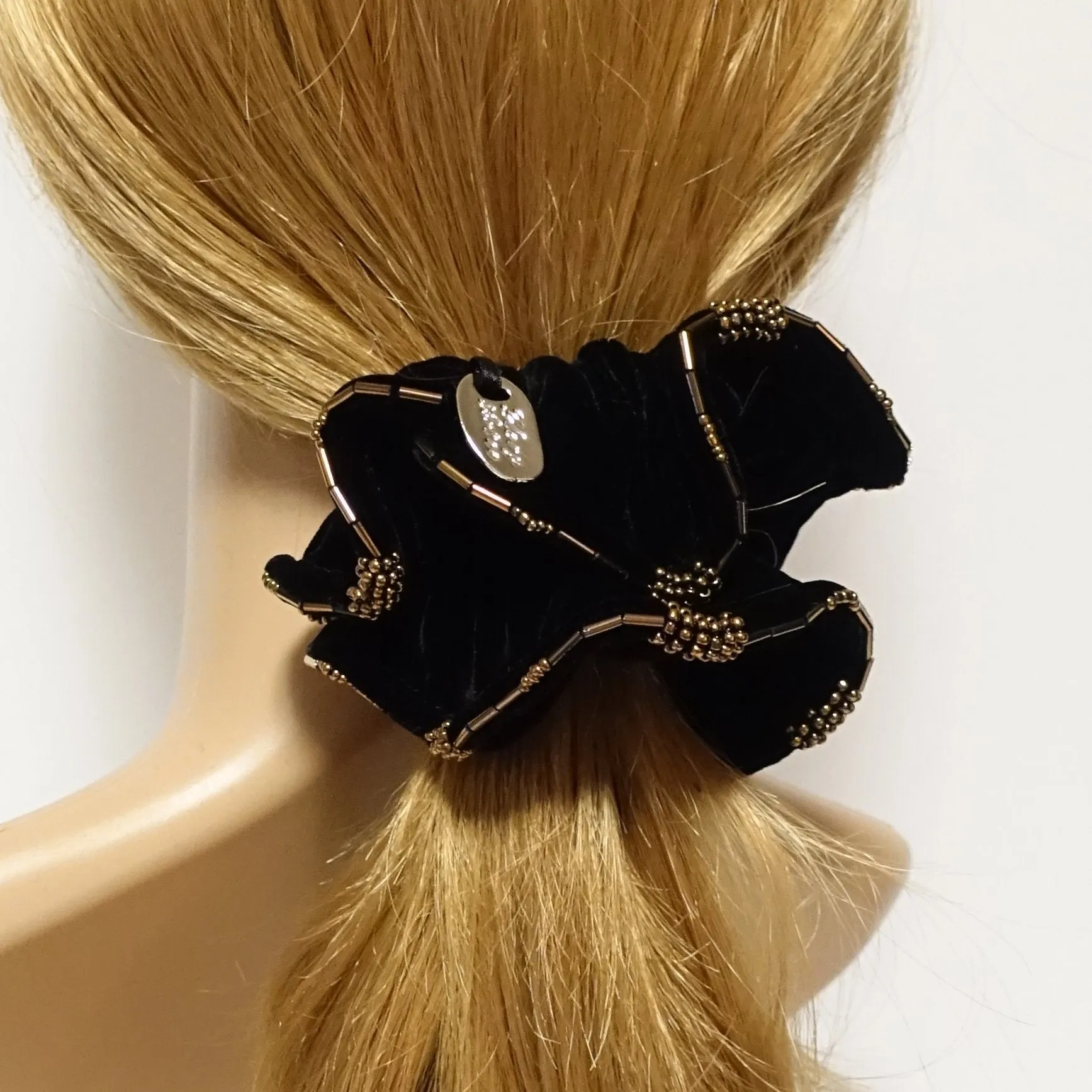 Beaded Trim Luxury Silk Velvet Hair Elastic Black Scrunchies