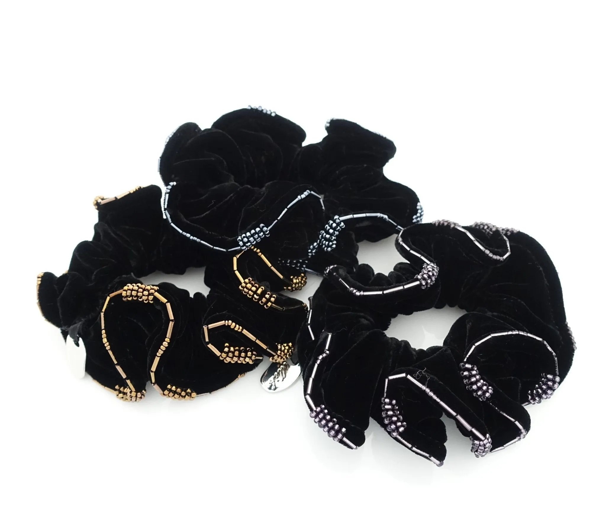 Beaded Trim Luxury Silk Velvet Hair Elastic Black Scrunchies