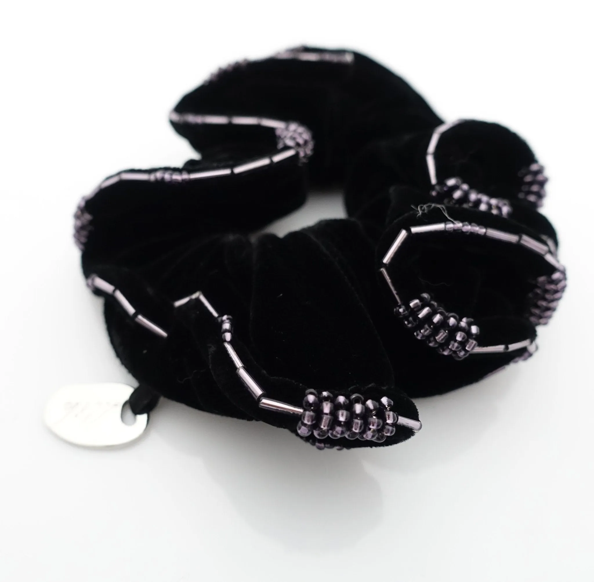 Beaded Trim Luxury Silk Velvet Hair Elastic Black Scrunchies