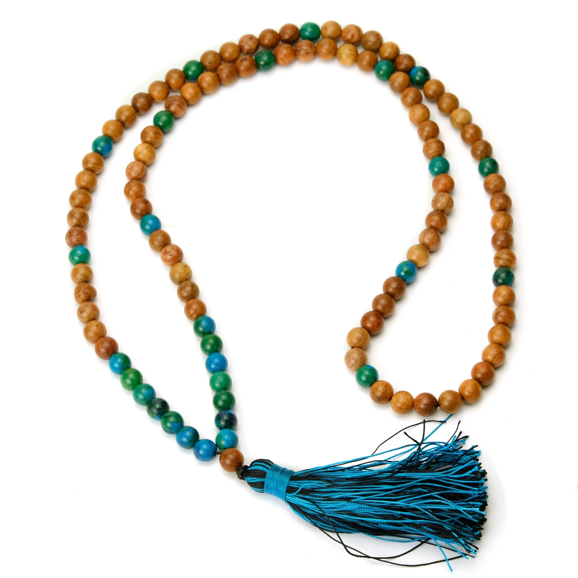 Chrysocolla and Palmwood 8mm Knotted Mala with Silk Tassel #77