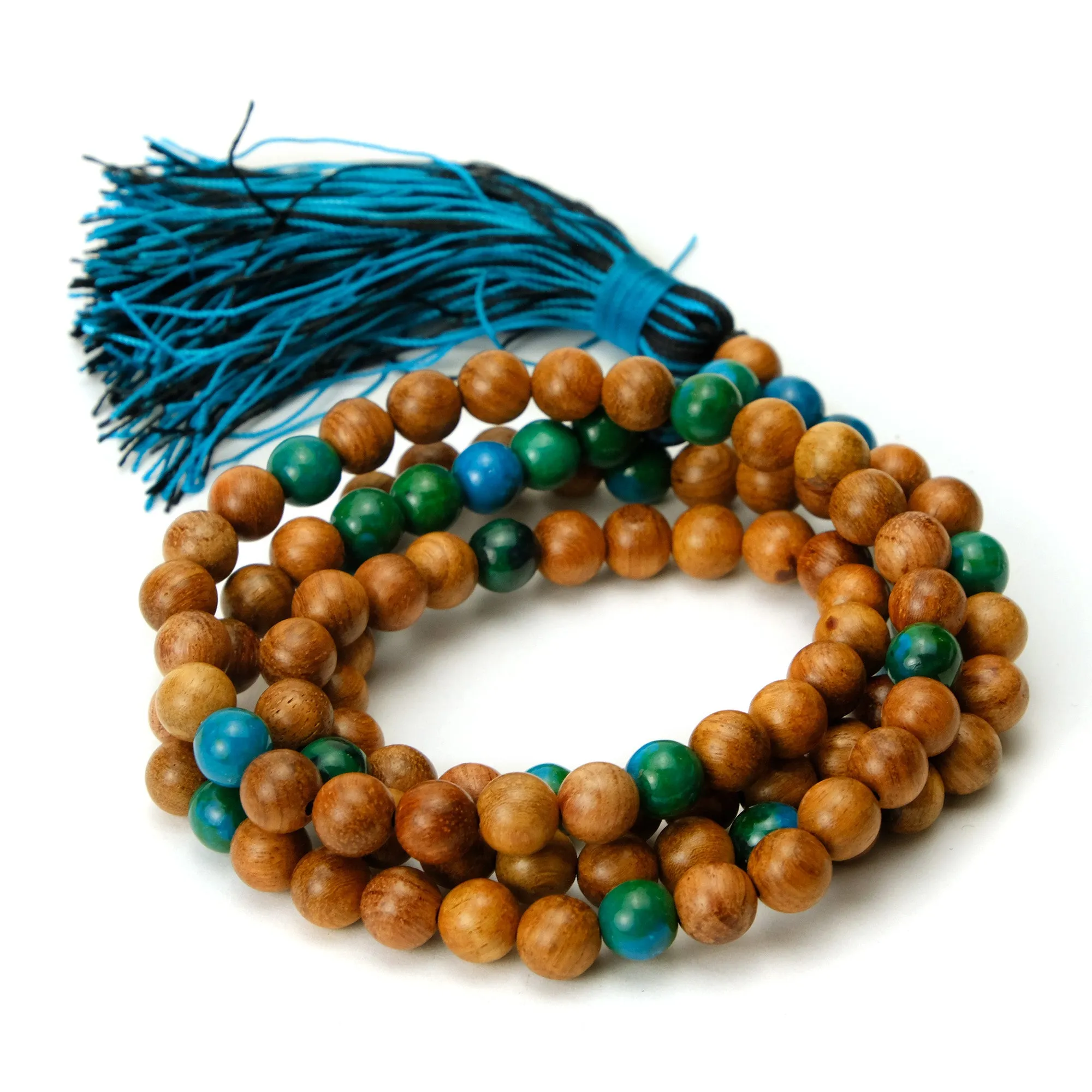 Chrysocolla and Palmwood 8mm Knotted Mala with Silk Tassel #77