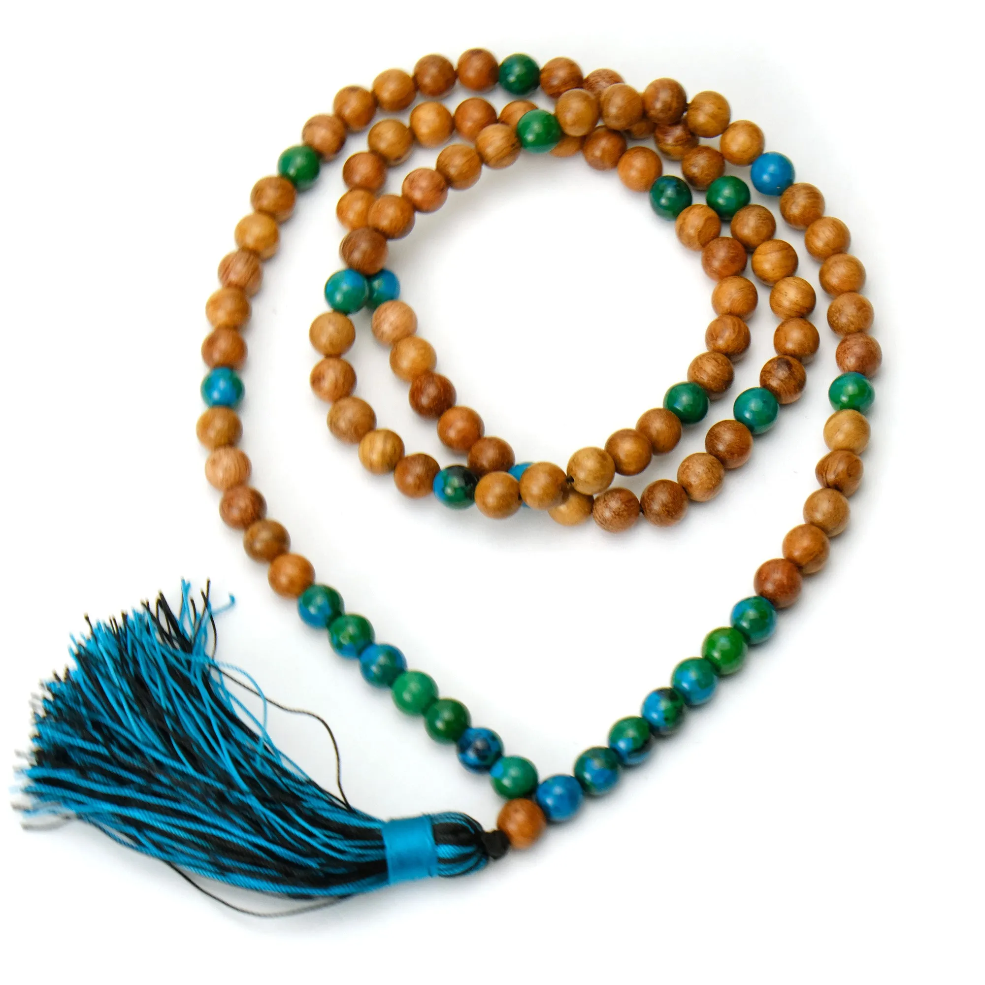 Chrysocolla and Palmwood 8mm Knotted Mala with Silk Tassel #77