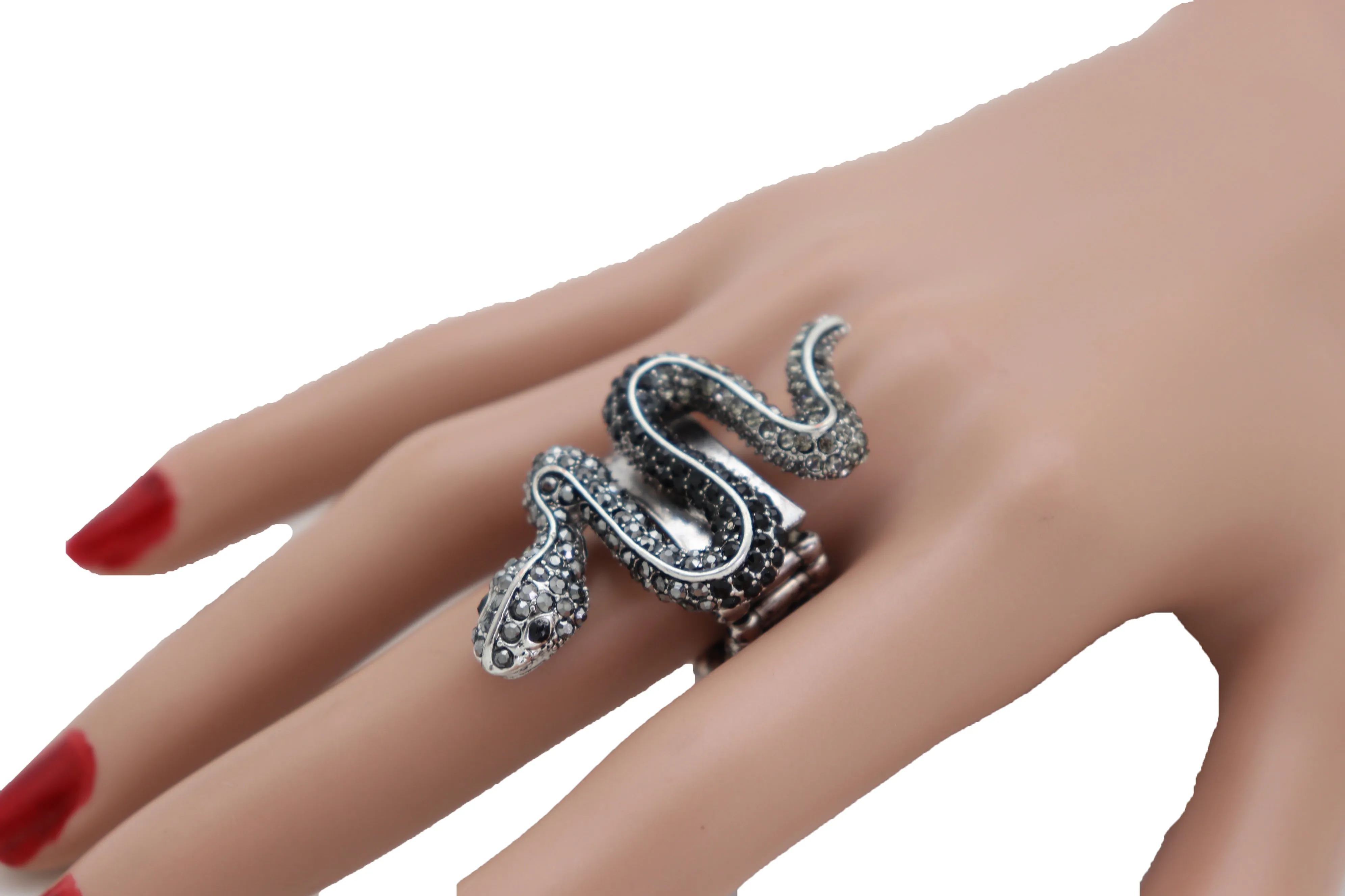 Fashion Ring Black Metal Snake Elastic Band One Size Fancy Bling Jewelry