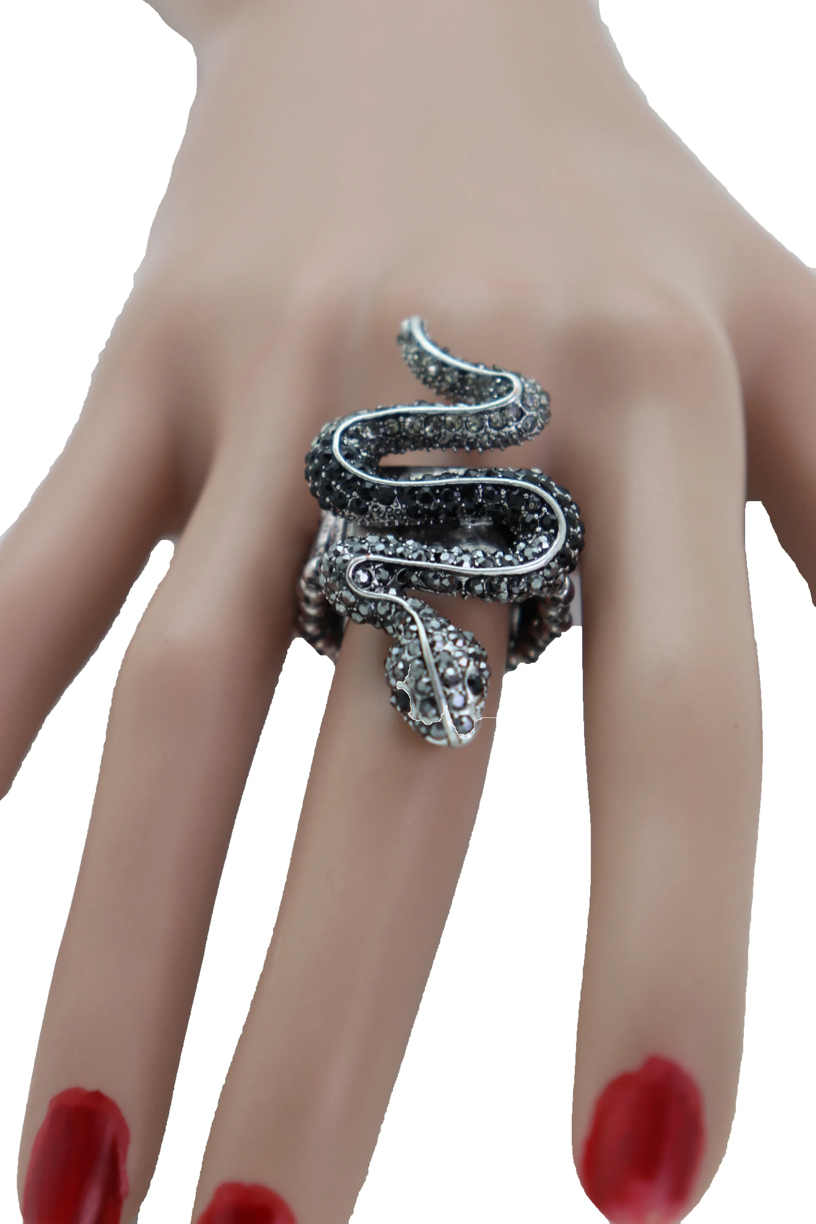 Fashion Ring Black Metal Snake Elastic Band One Size Fancy Bling Jewelry