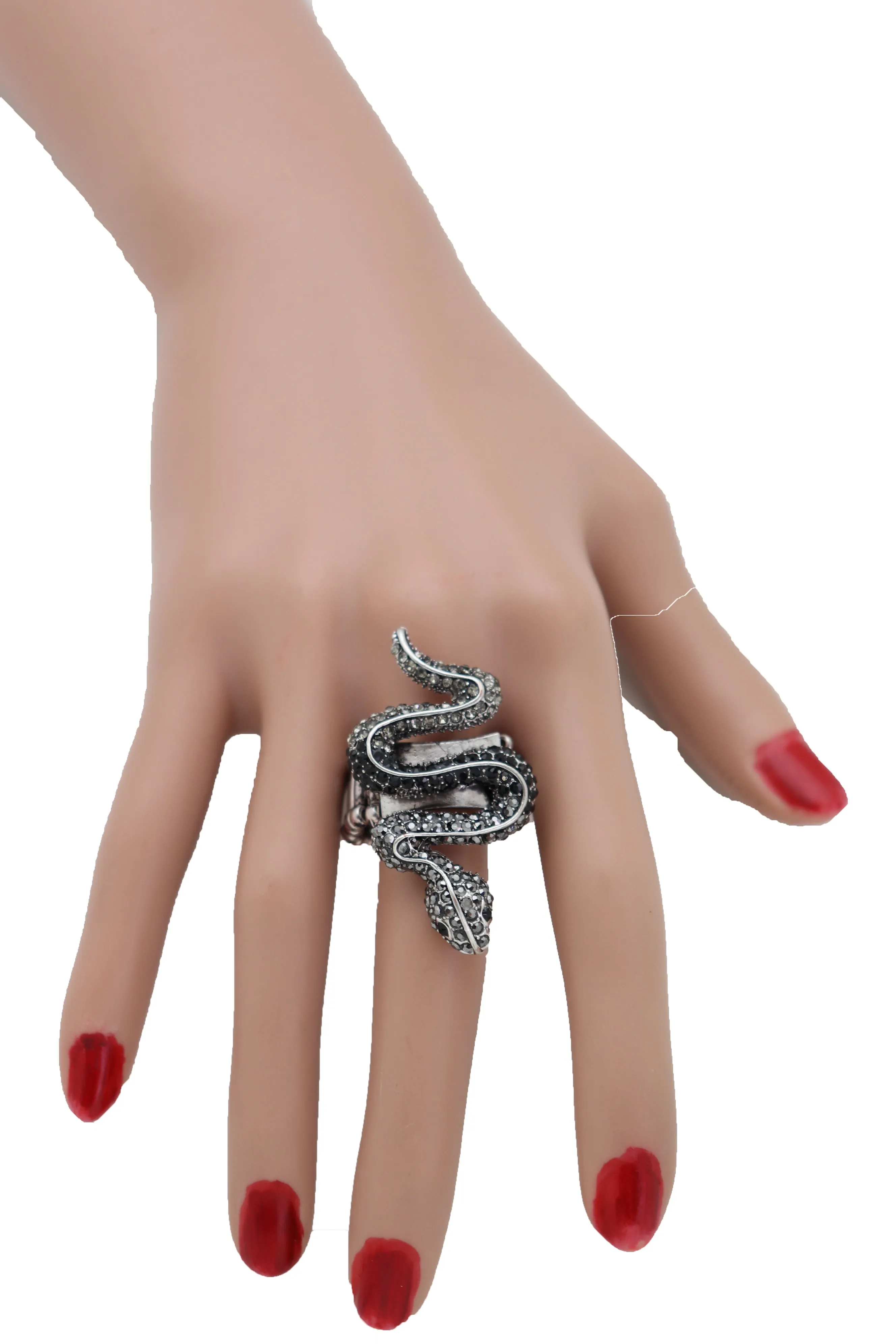 Fashion Ring Black Metal Snake Elastic Band One Size Fancy Bling Jewelry