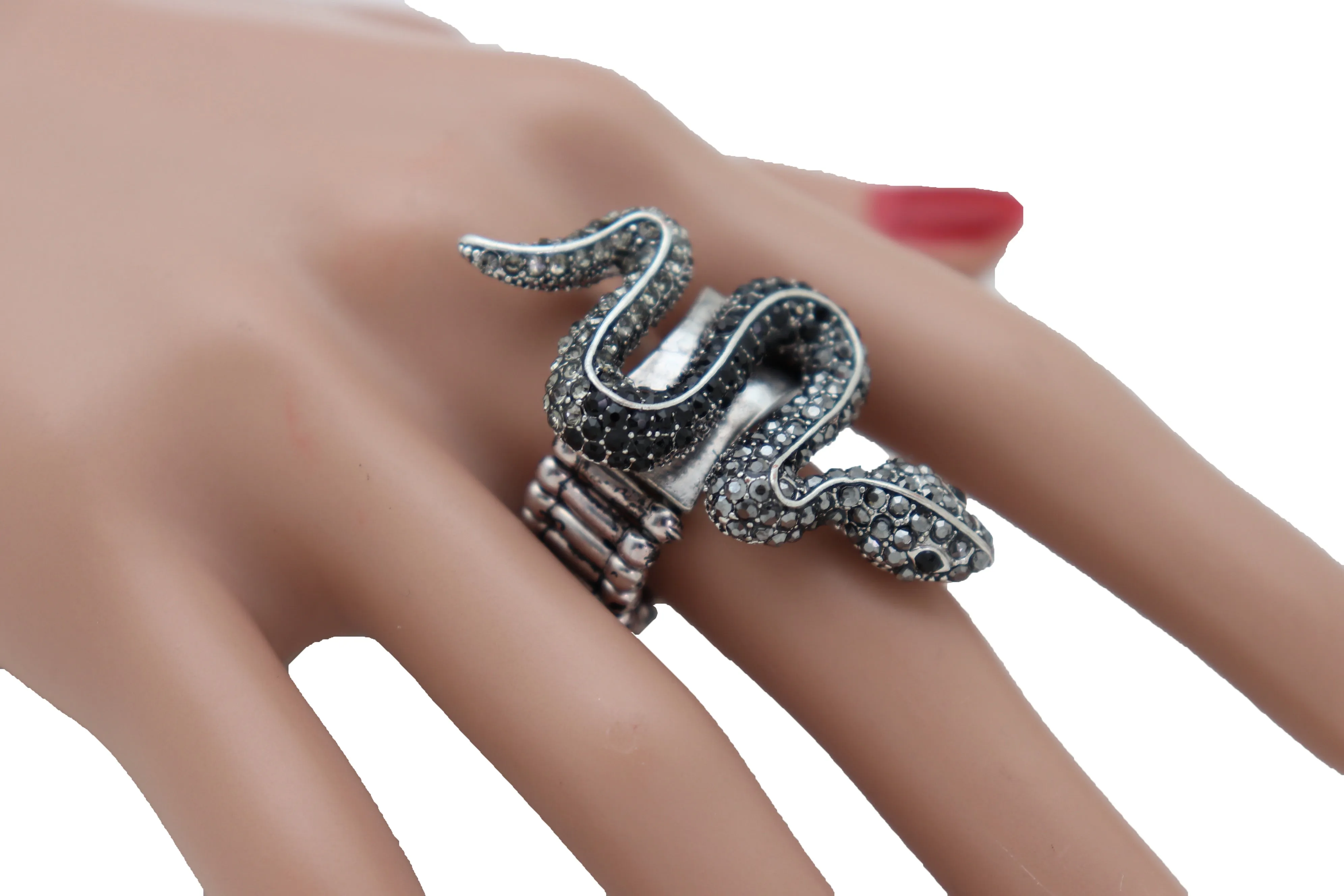 Fashion Ring Black Metal Snake Elastic Band One Size Fancy Bling Jewelry