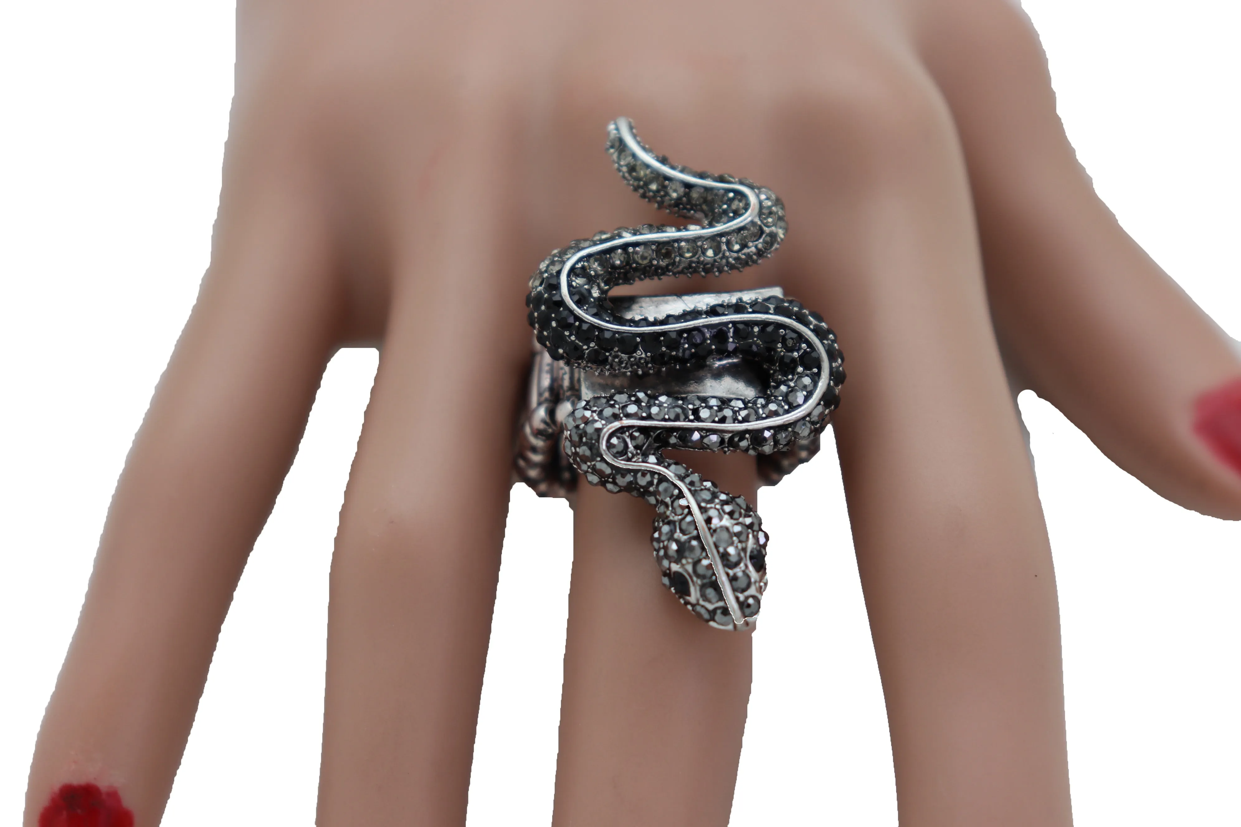 Fashion Ring Black Metal Snake Elastic Band One Size Fancy Bling Jewelry