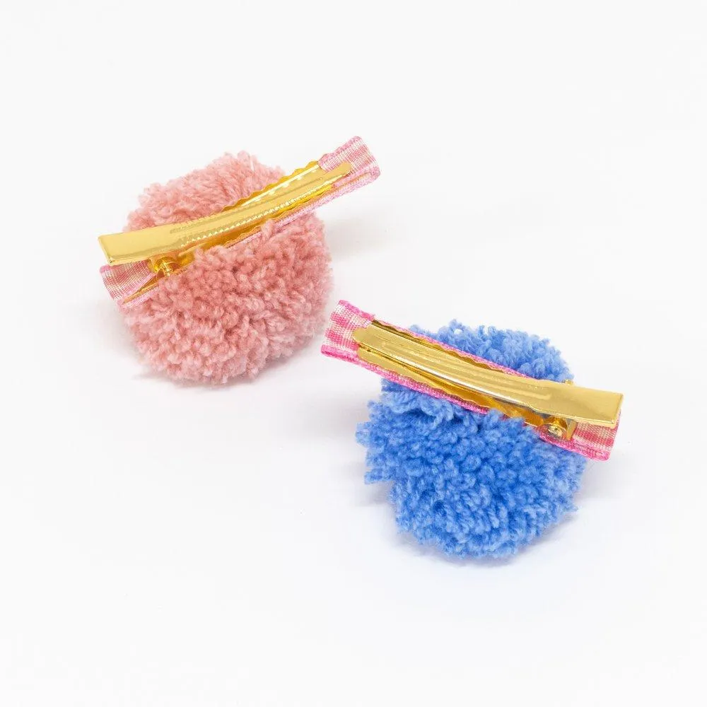 Gingham and Big Pompom Hair Clips