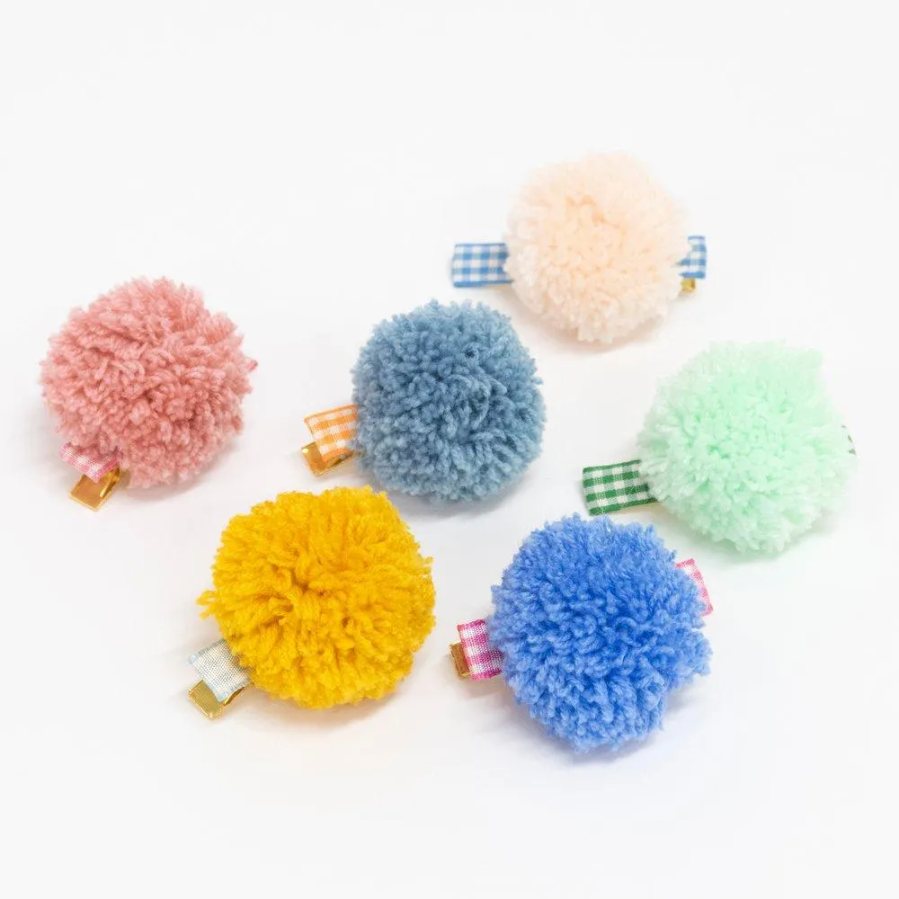 Gingham and Big Pompom Hair Clips