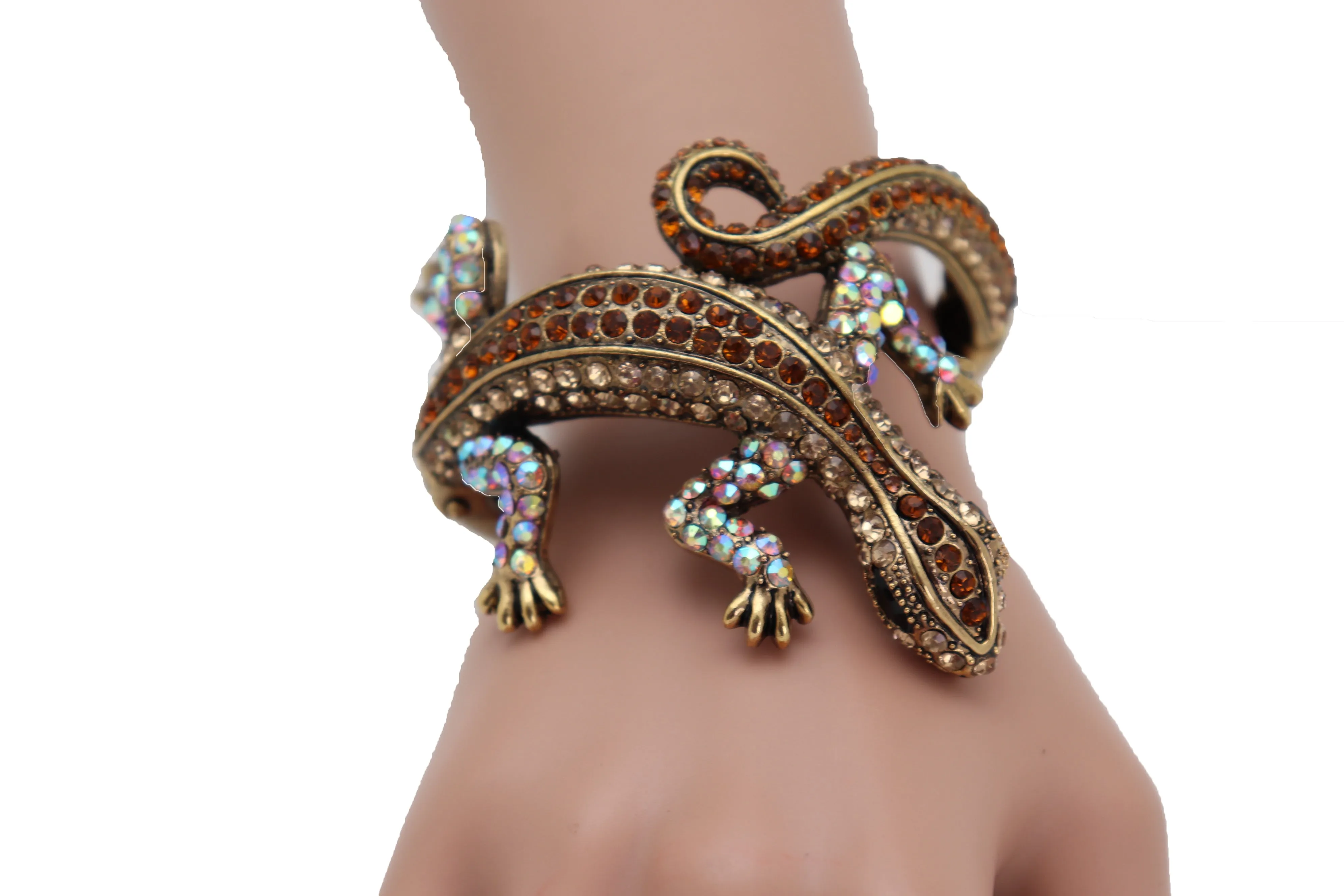 Gold Metal Bracelet Lizard Gecko Animal Brown Wrap Around