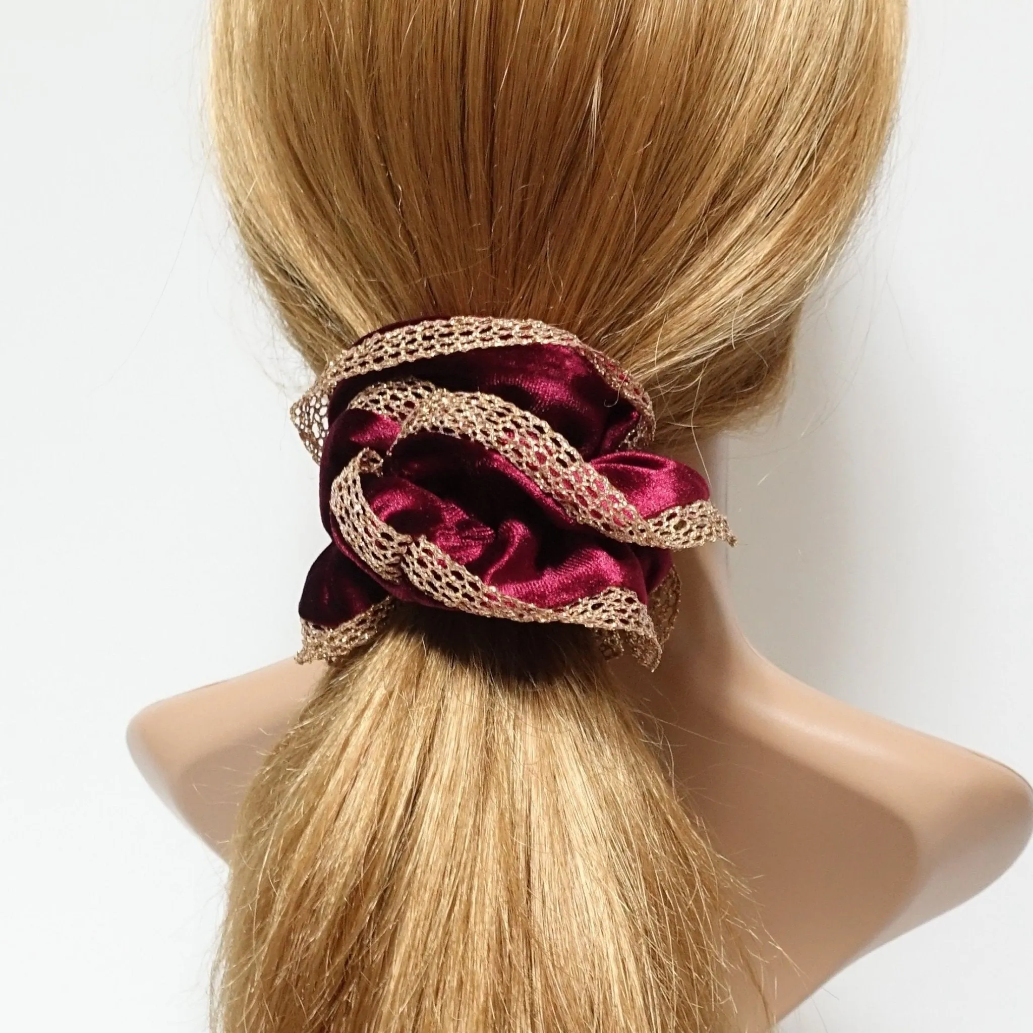 golden mesh trim velvet scrunchies dazzle decorated hair elastic scrunchy women hair accessory