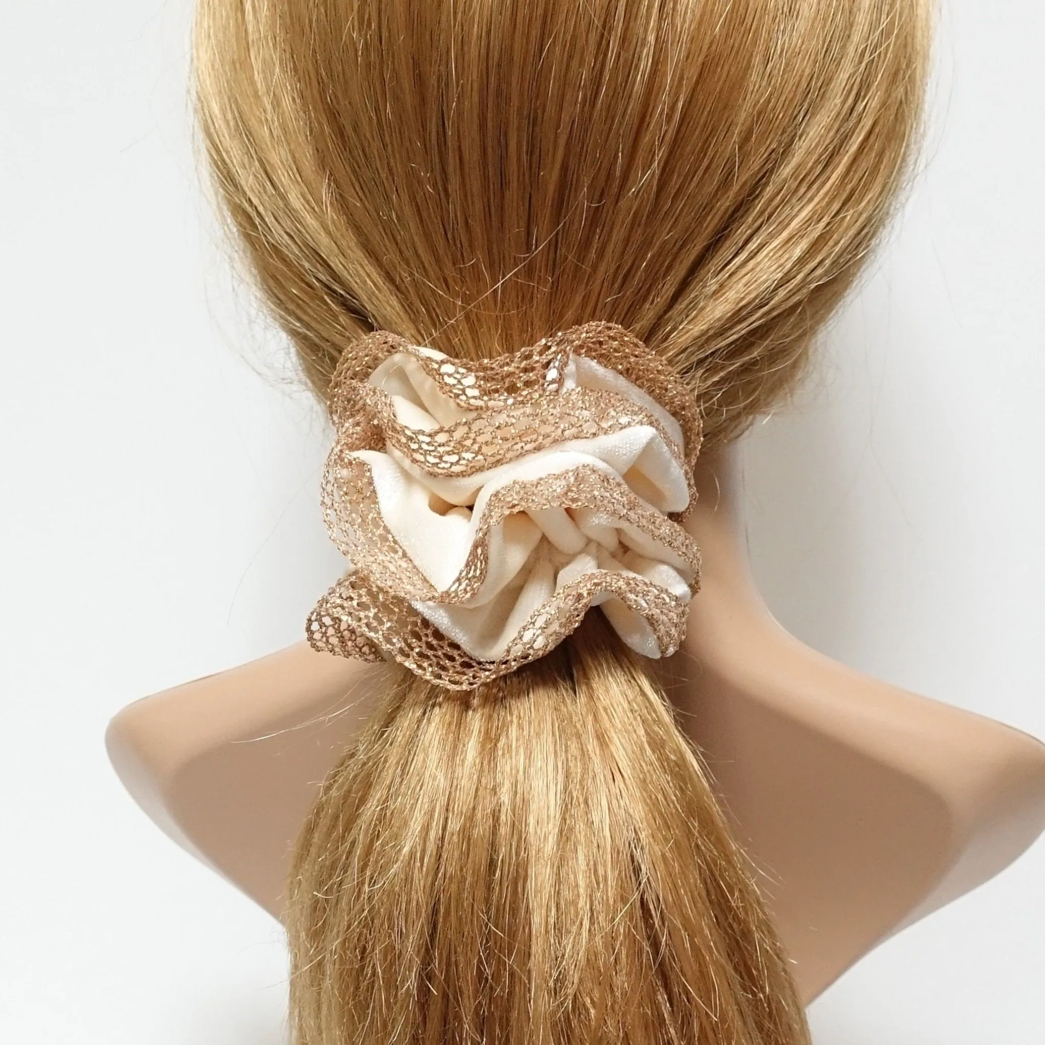 golden mesh trim velvet scrunchies dazzle decorated hair elastic scrunchy women hair accessory