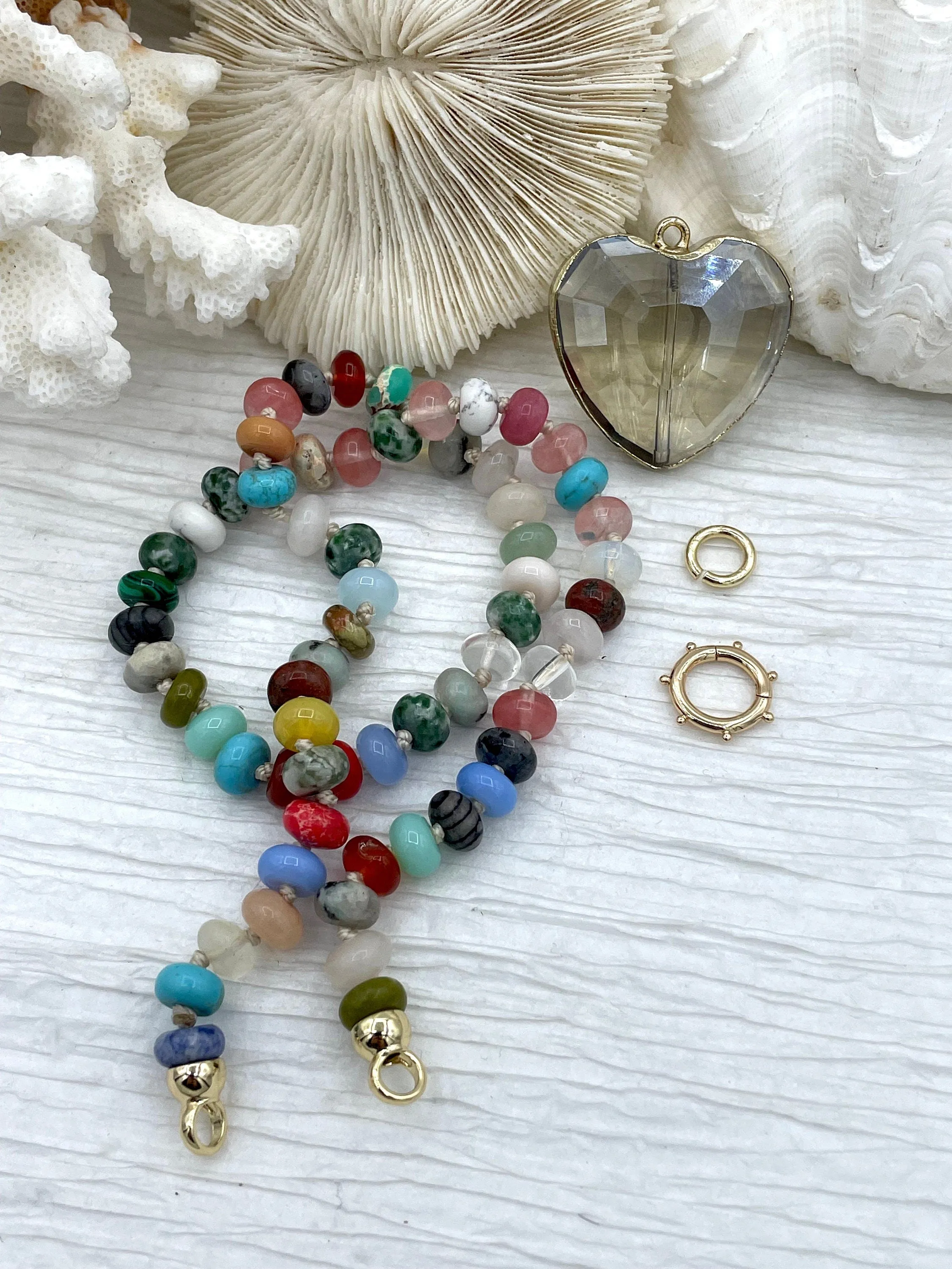 Hand Knotted Necklace 16.5" Long, Colorful Mixed Semi-Precious Rondelle Stones with Finished Ends Gold or Silver, Candy Necklace Fast Ship