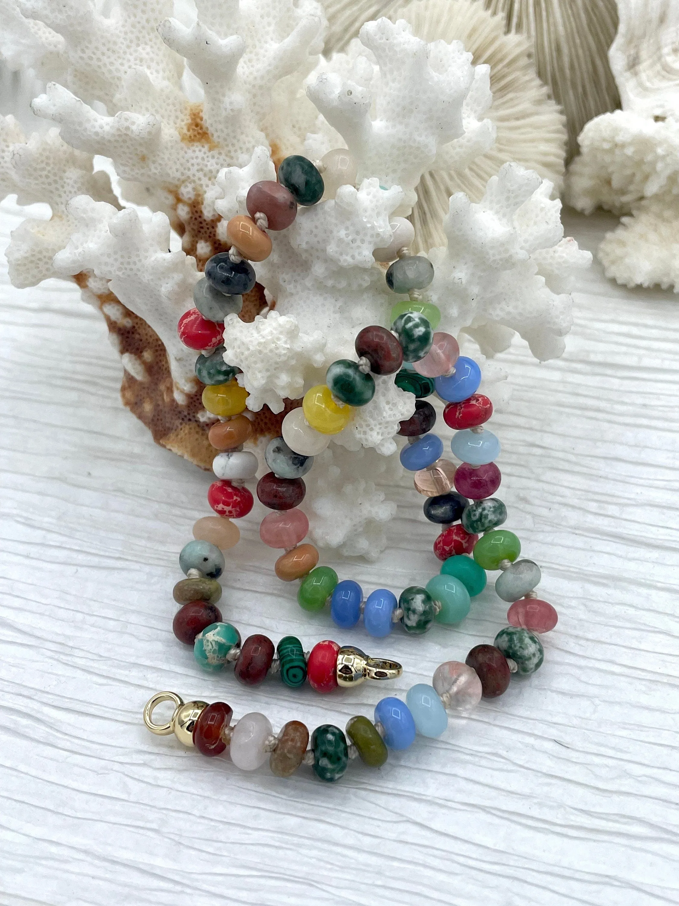 Hand Knotted Necklace 16.5" Long, Colorful Mixed Semi-Precious Rondelle Stones with Finished Ends Gold or Silver, Candy Necklace Fast Ship