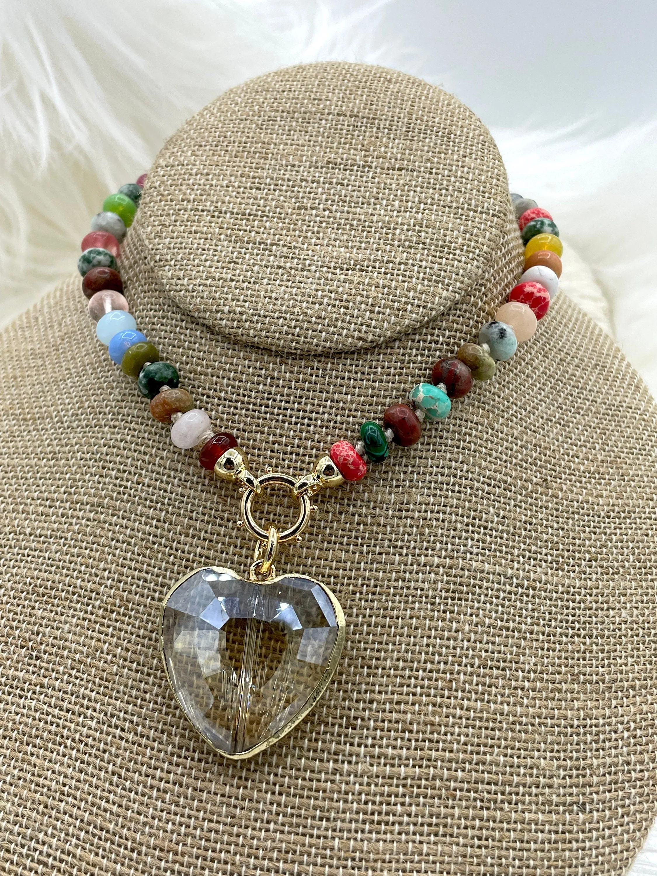 Hand Knotted Necklace 16.5" Long, Colorful Mixed Semi-Precious Rondelle Stones with Finished Ends Gold or Silver, Candy Necklace Fast Ship