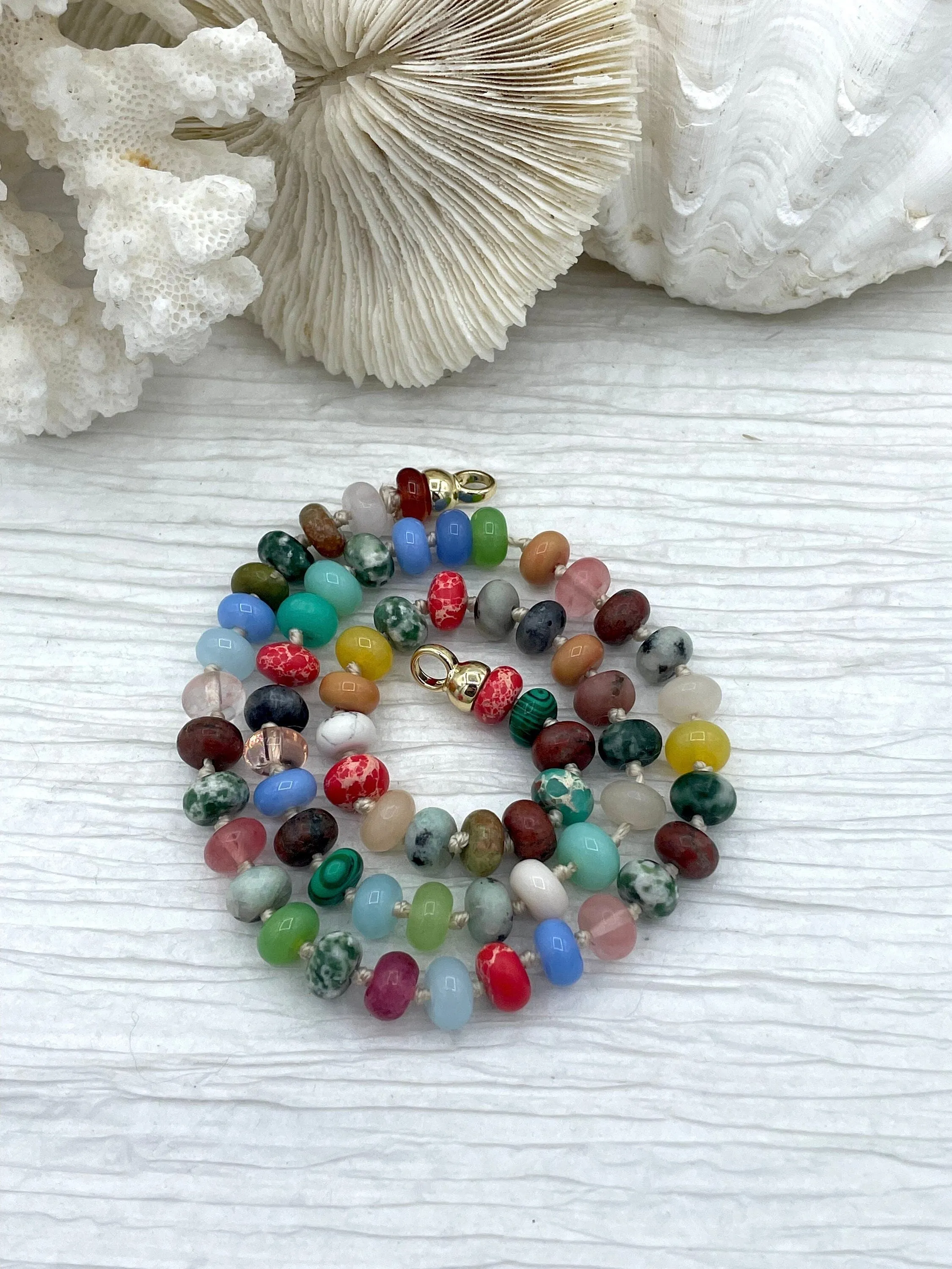 Hand Knotted Necklace 16.5" Long, Colorful Mixed Semi-Precious Rondelle Stones with Finished Ends Gold or Silver, Candy Necklace Fast Ship