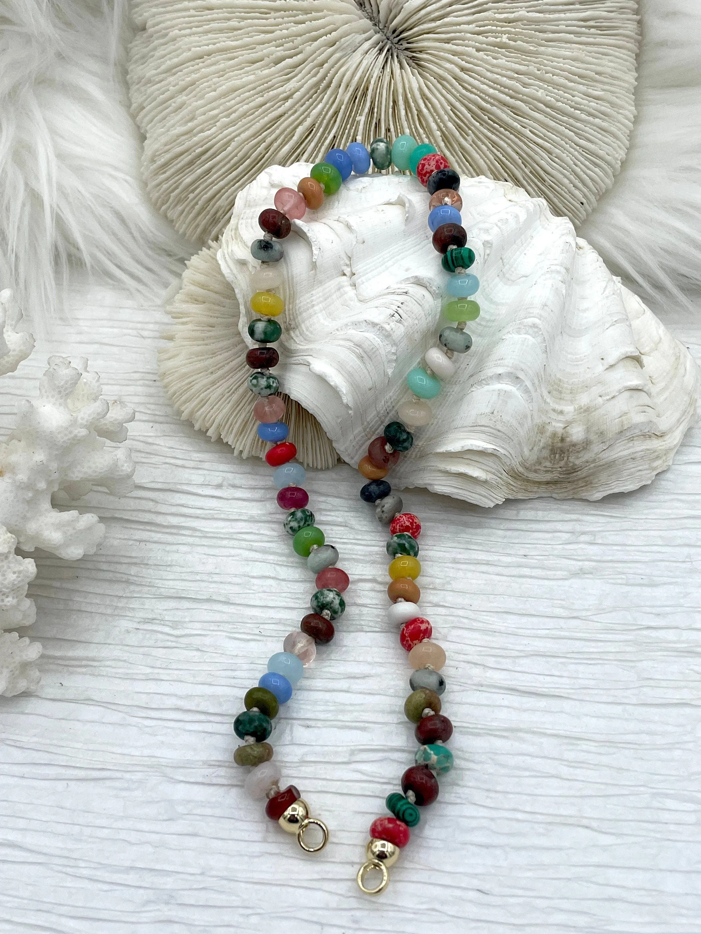 Hand Knotted Necklace 16.5" Long, Colorful Mixed Semi-Precious Rondelle Stones with Finished Ends Gold or Silver, Candy Necklace Fast Ship