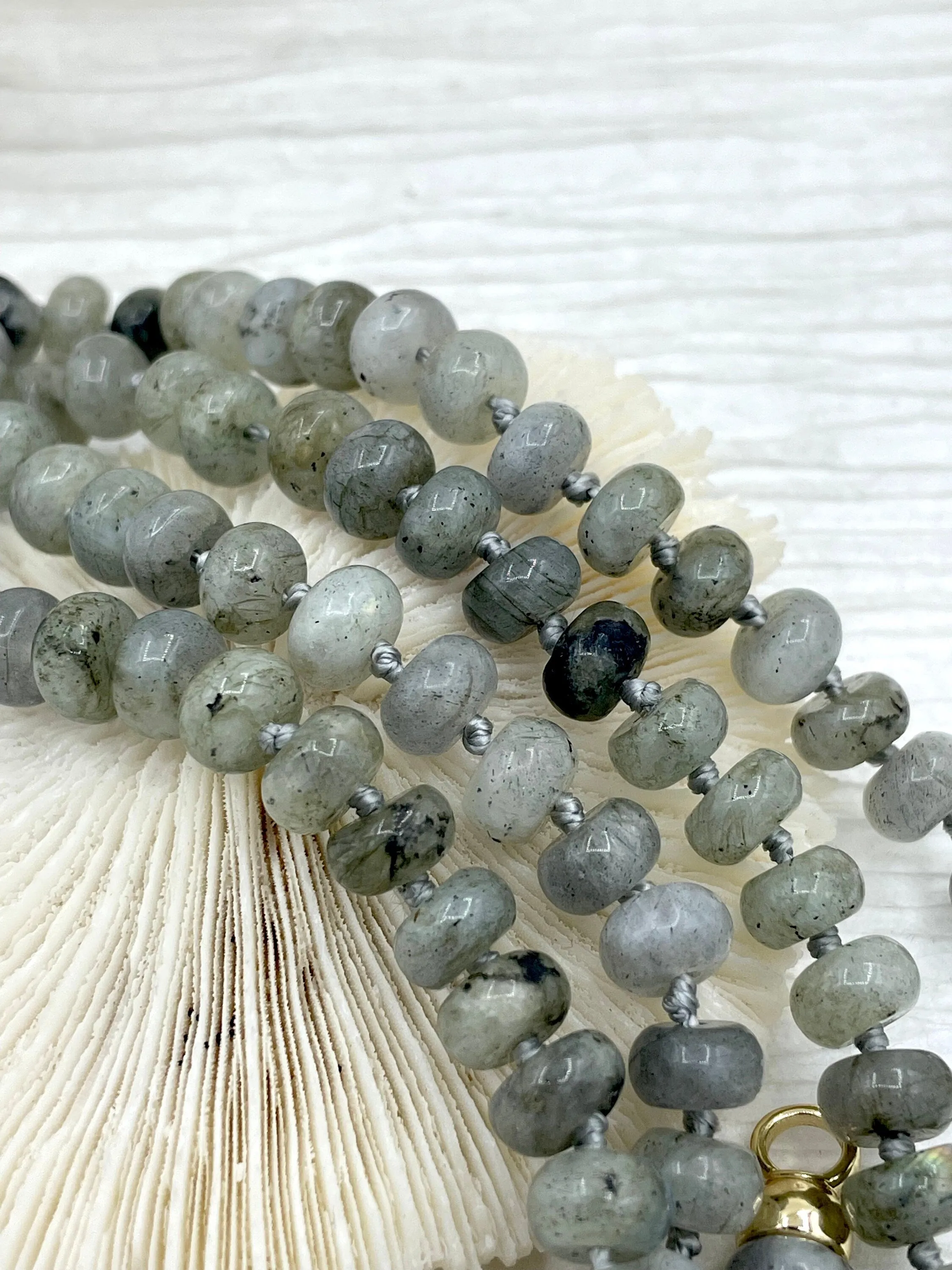 Hand Knotted Necklace 16.5" Long, Labradorite Rondelle Stones with Finished Ends Gold or Silver, Fast Ship