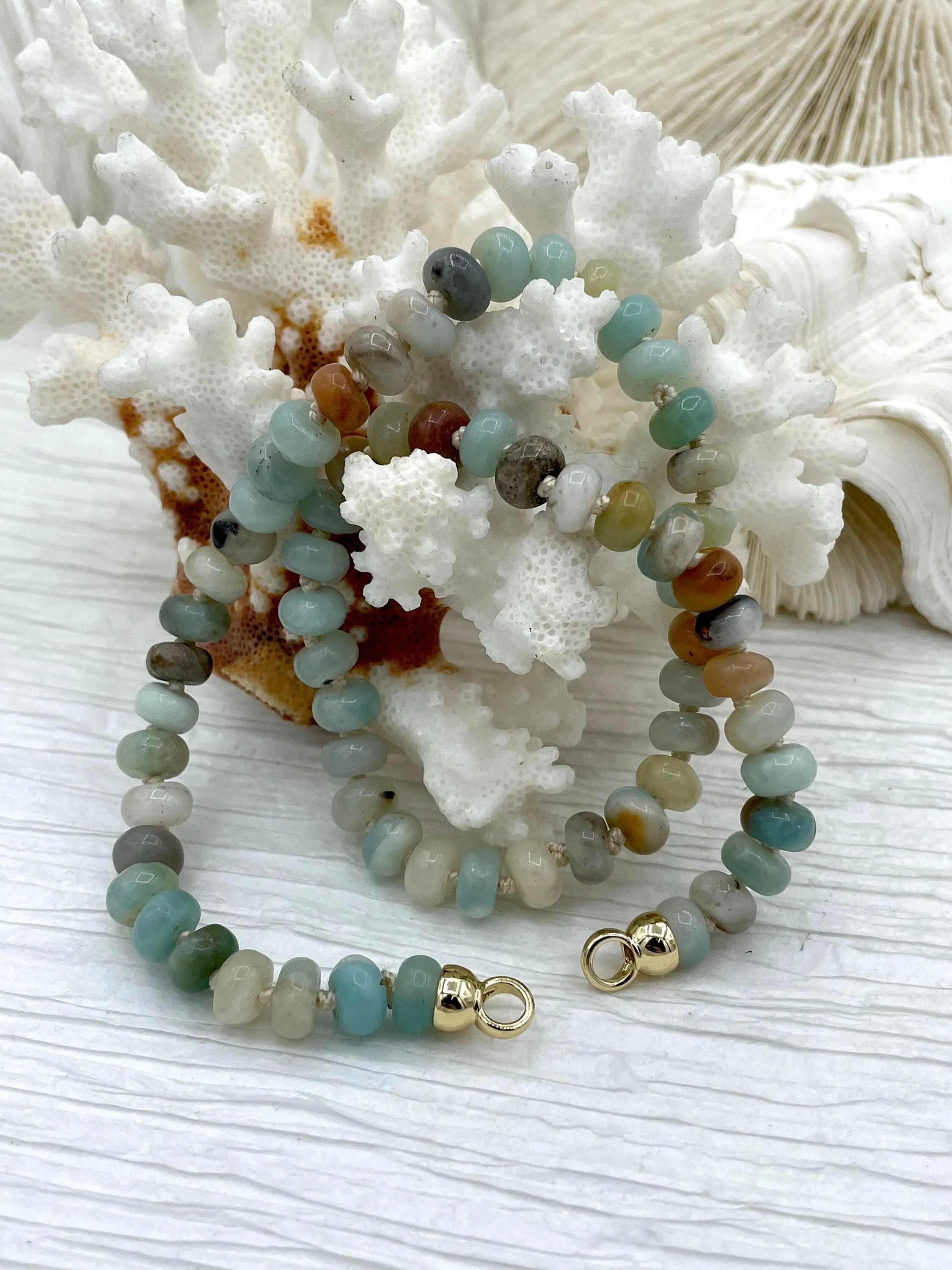 Hand Knotted Rondelle Amazonite Necklace, 16'5" W/Brass Closed Cap Ends, Gold or Silver End, Amazonite Necklace, Knotted Amazonite Fast Ship