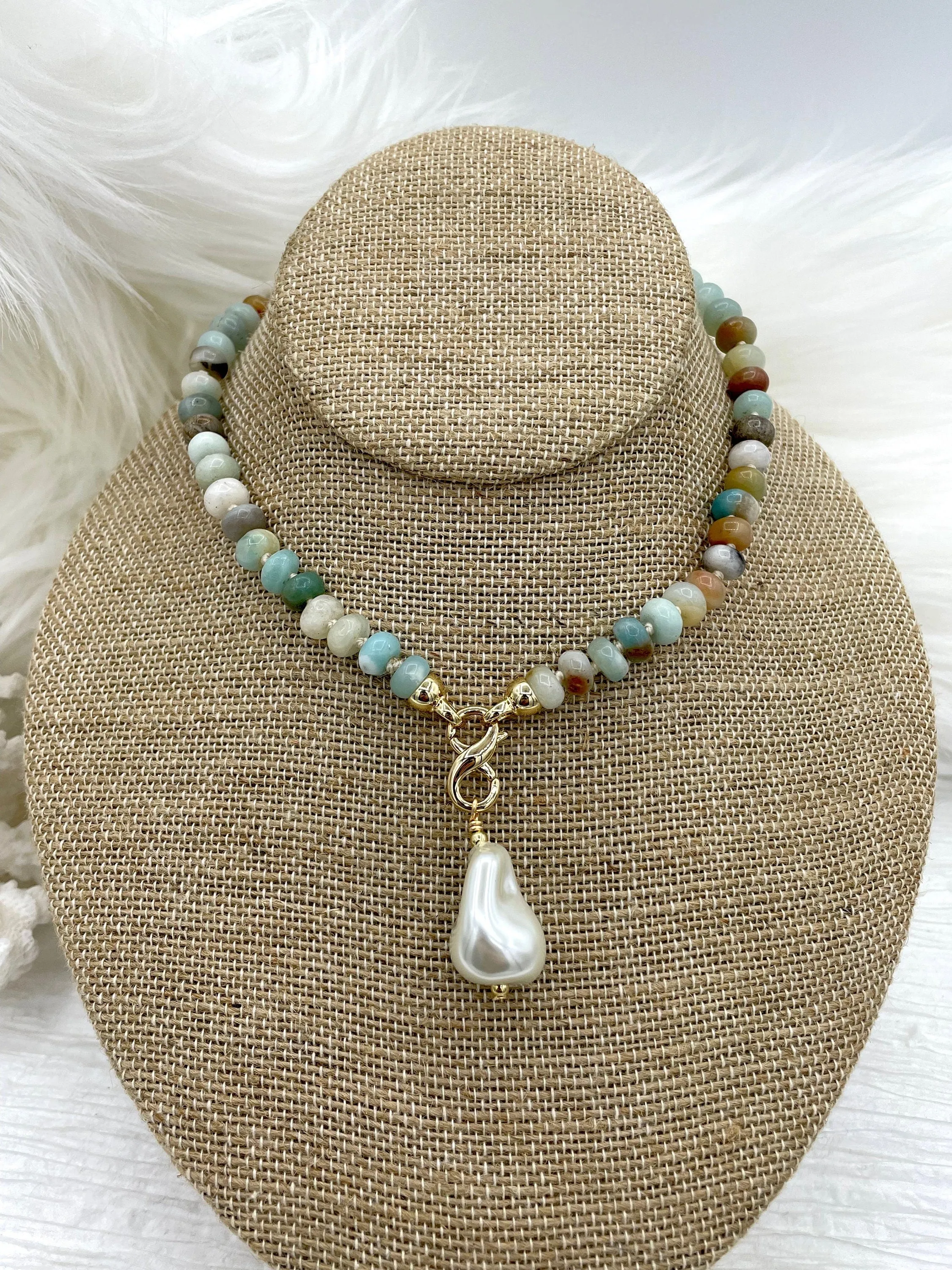 Hand Knotted Rondelle Amazonite Necklace, 16'5" W/Brass Closed Cap Ends, Gold or Silver End, Amazonite Necklace, Knotted Amazonite Fast Ship