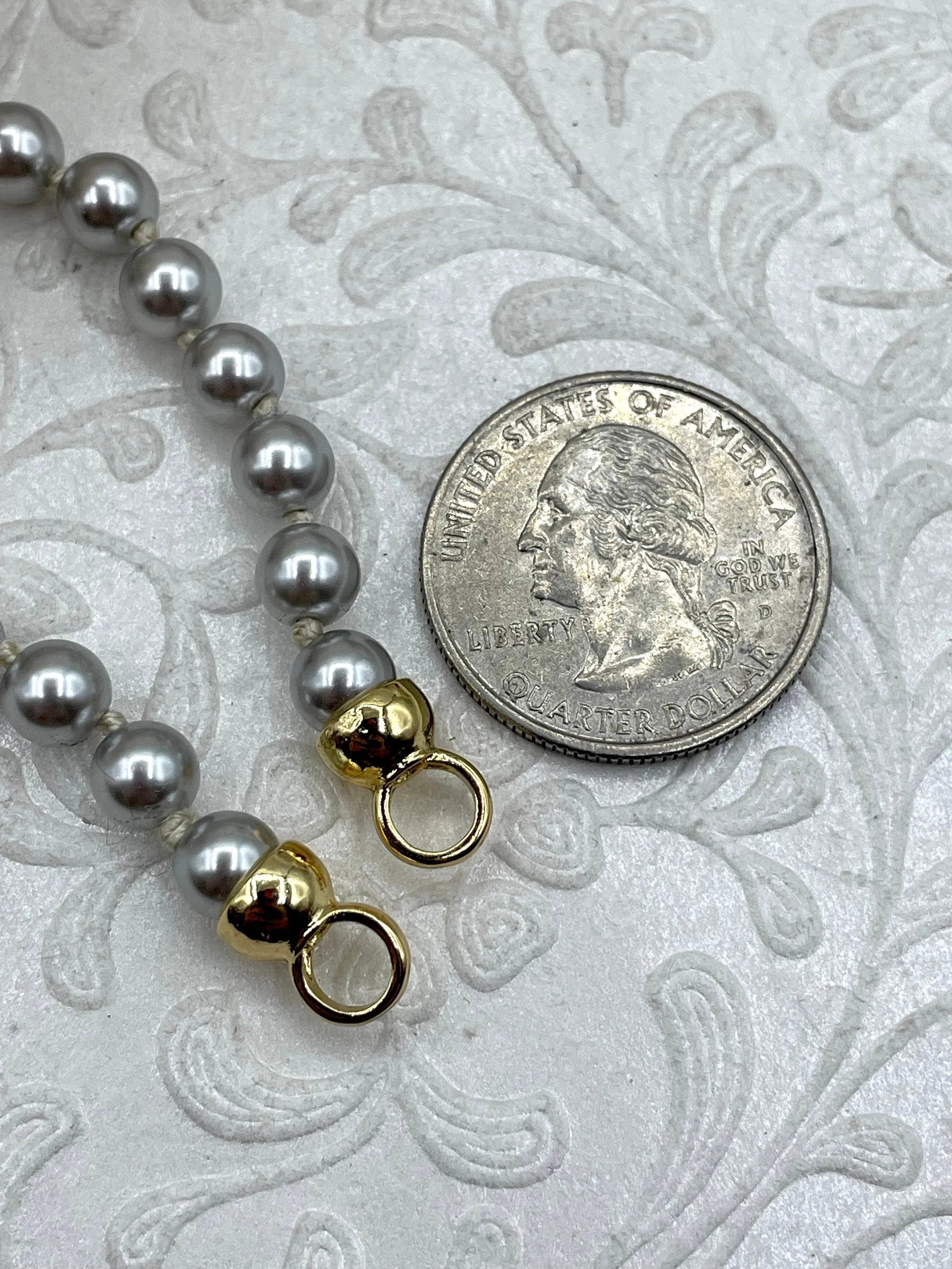 Hand Knotted Vintage Grey Porcelain Glass Pearl Replica, 6mm round Shape Pearls, Gold or Silver End Caps, 18" long.Fast Ship