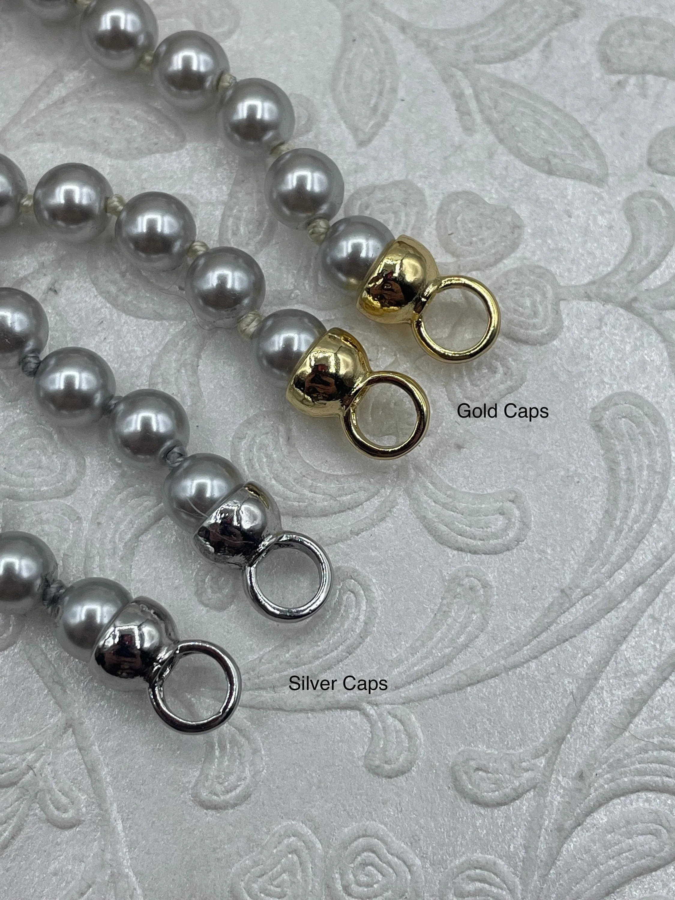 Hand Knotted Vintage Grey Porcelain Glass Pearl Replica, 6mm round Shape Pearls, Gold or Silver End Caps, 18" long.Fast Ship