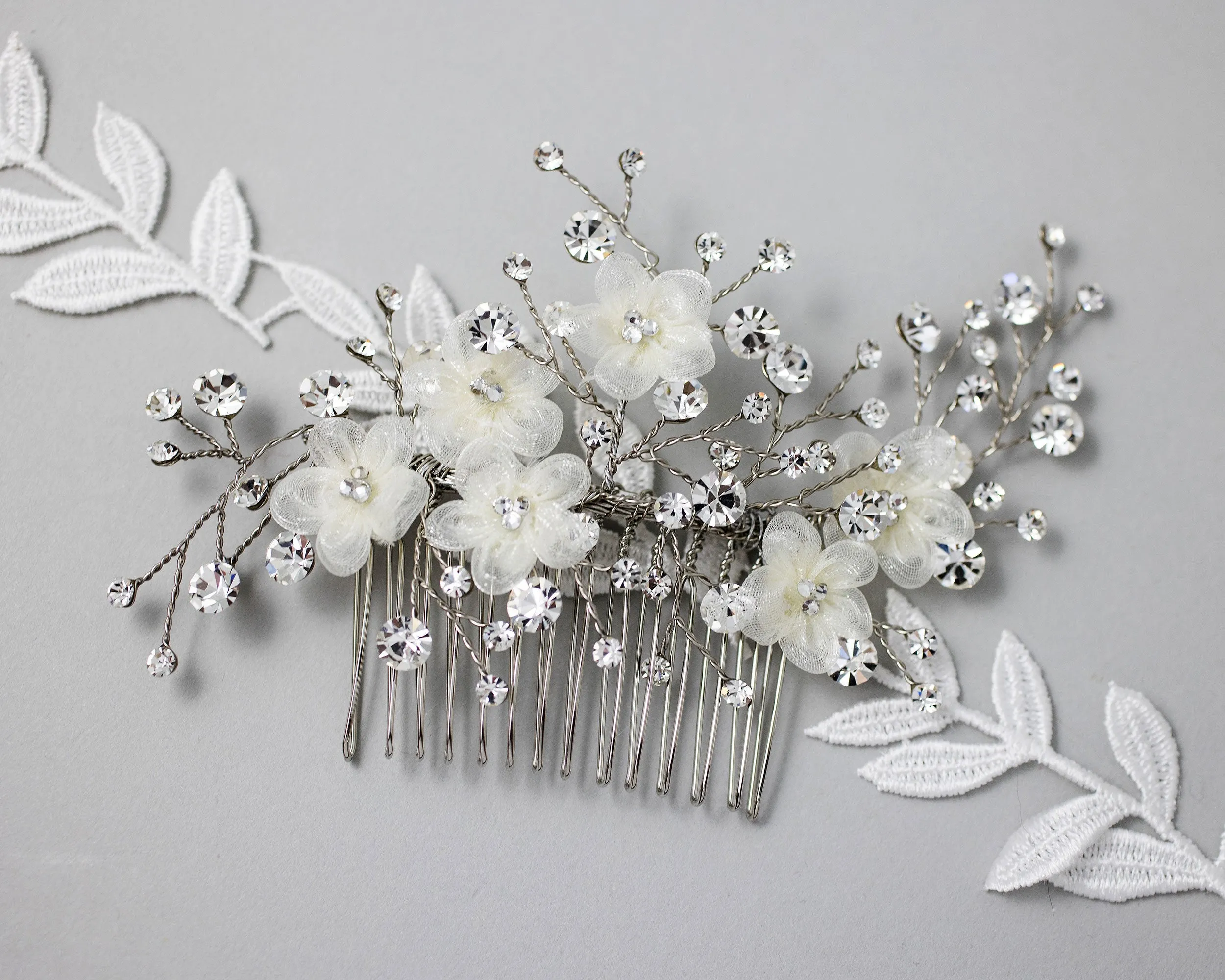 Ivory Organza Flowers and Rhinestones Wedding Comb