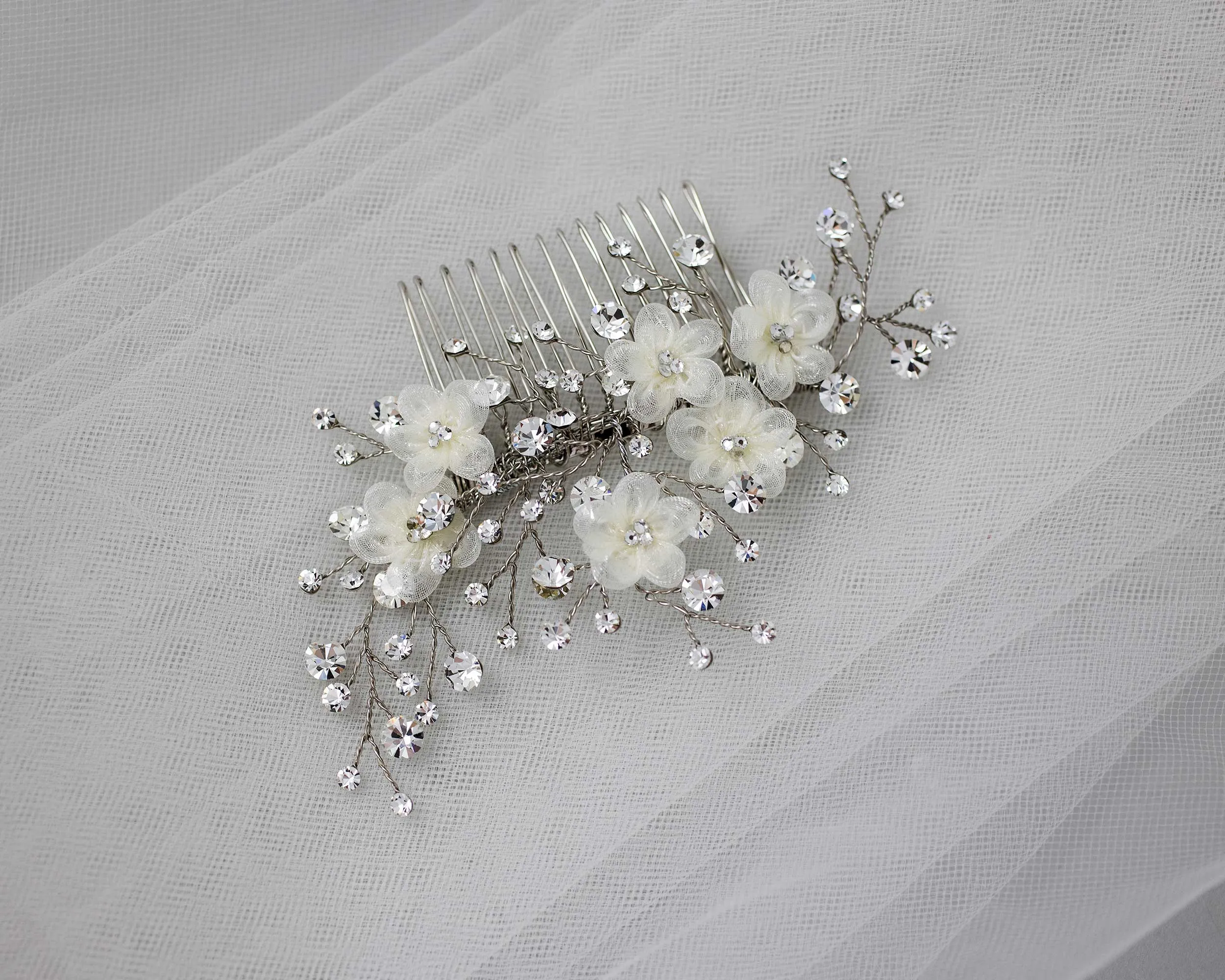 Ivory Organza Flowers and Rhinestones Wedding Comb