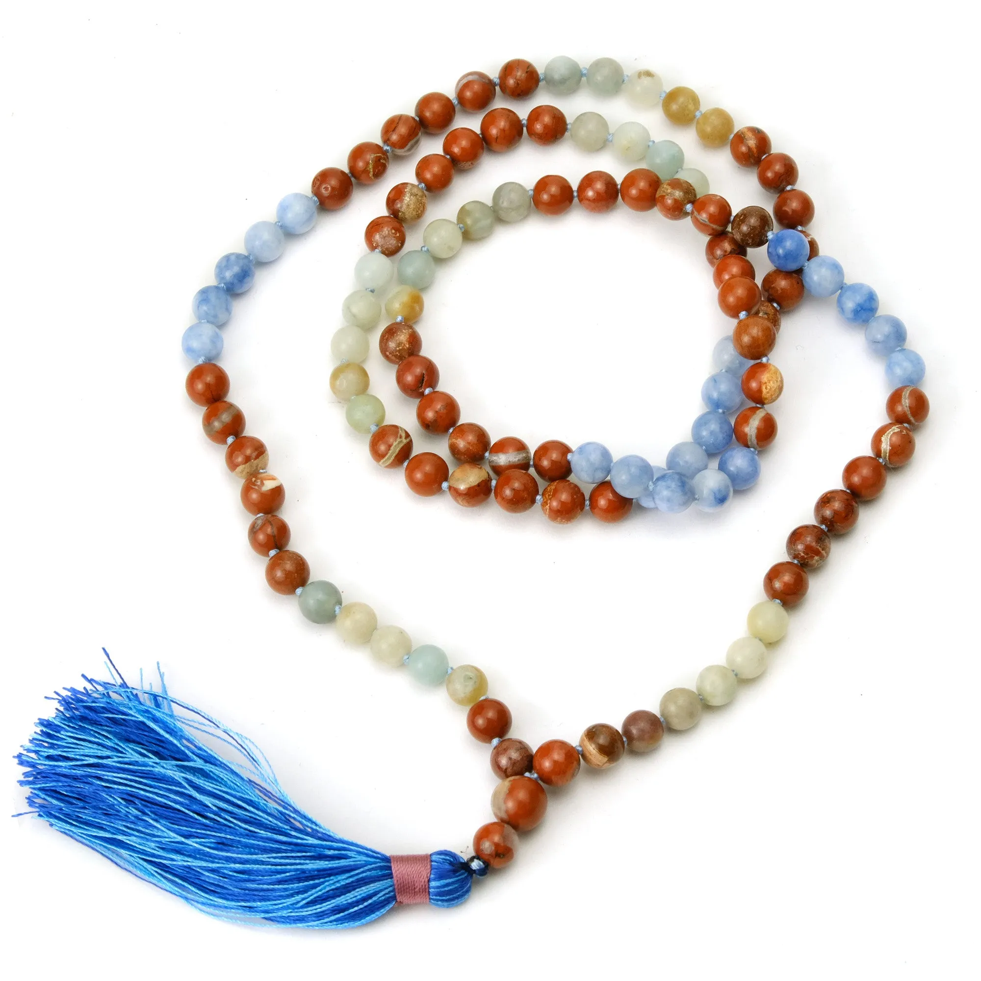 Jasper and Aquamarine 8mm Knotted Mala with Silk Tassel #97