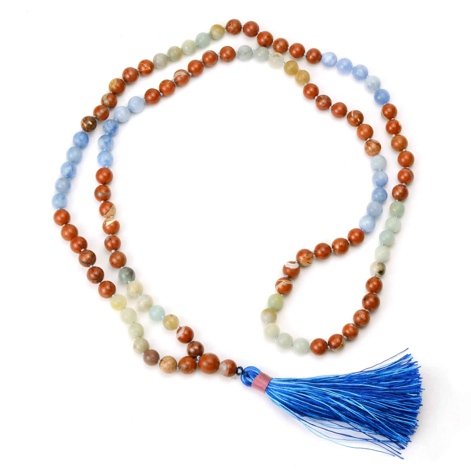 Jasper and Aquamarine 8mm Knotted Mala with Silk Tassel #97