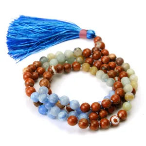 Jasper and Aquamarine 8mm Knotted Mala with Silk Tassel #97