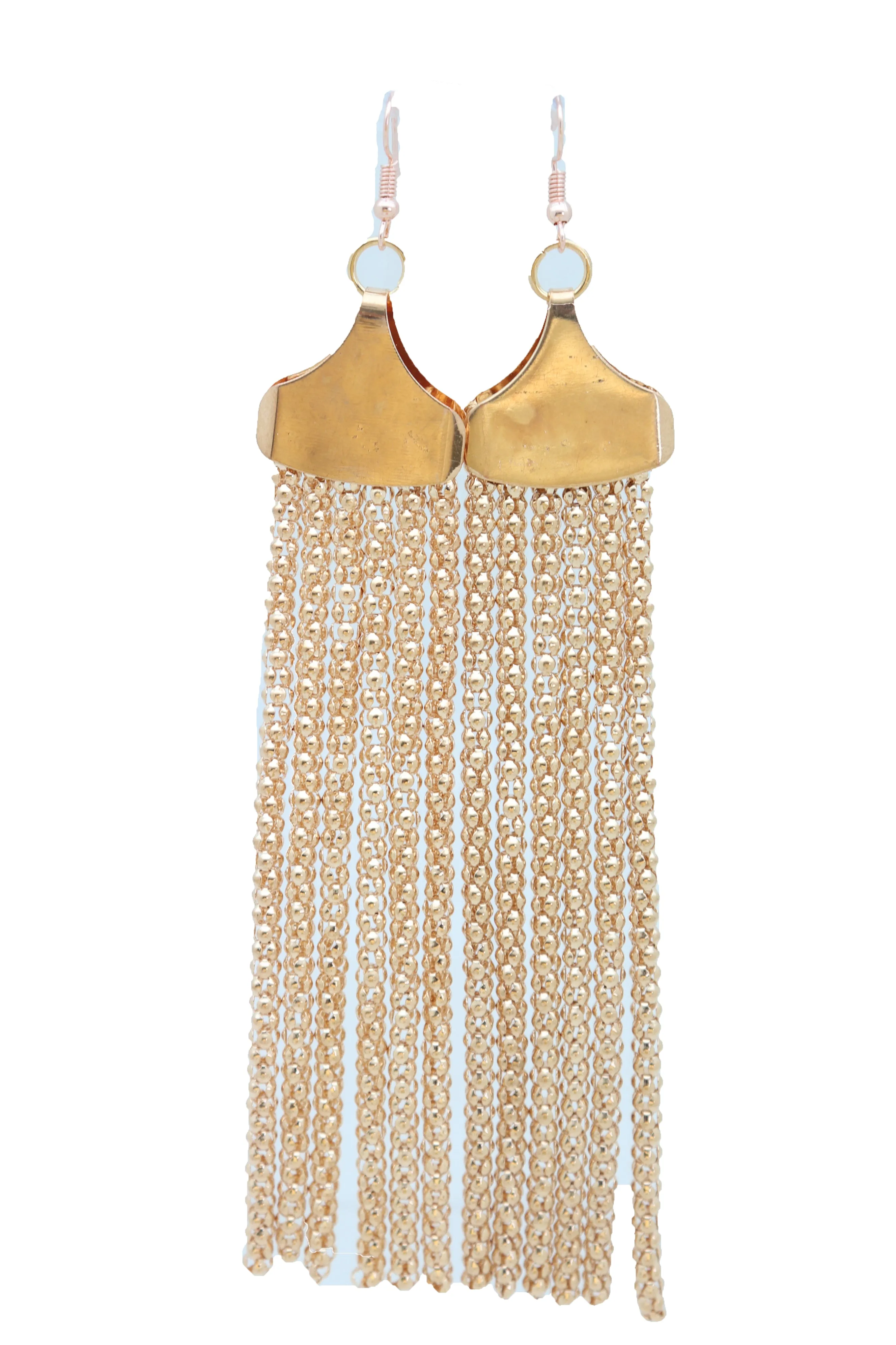 Long Gold Metal Fringe Dangle Earrings