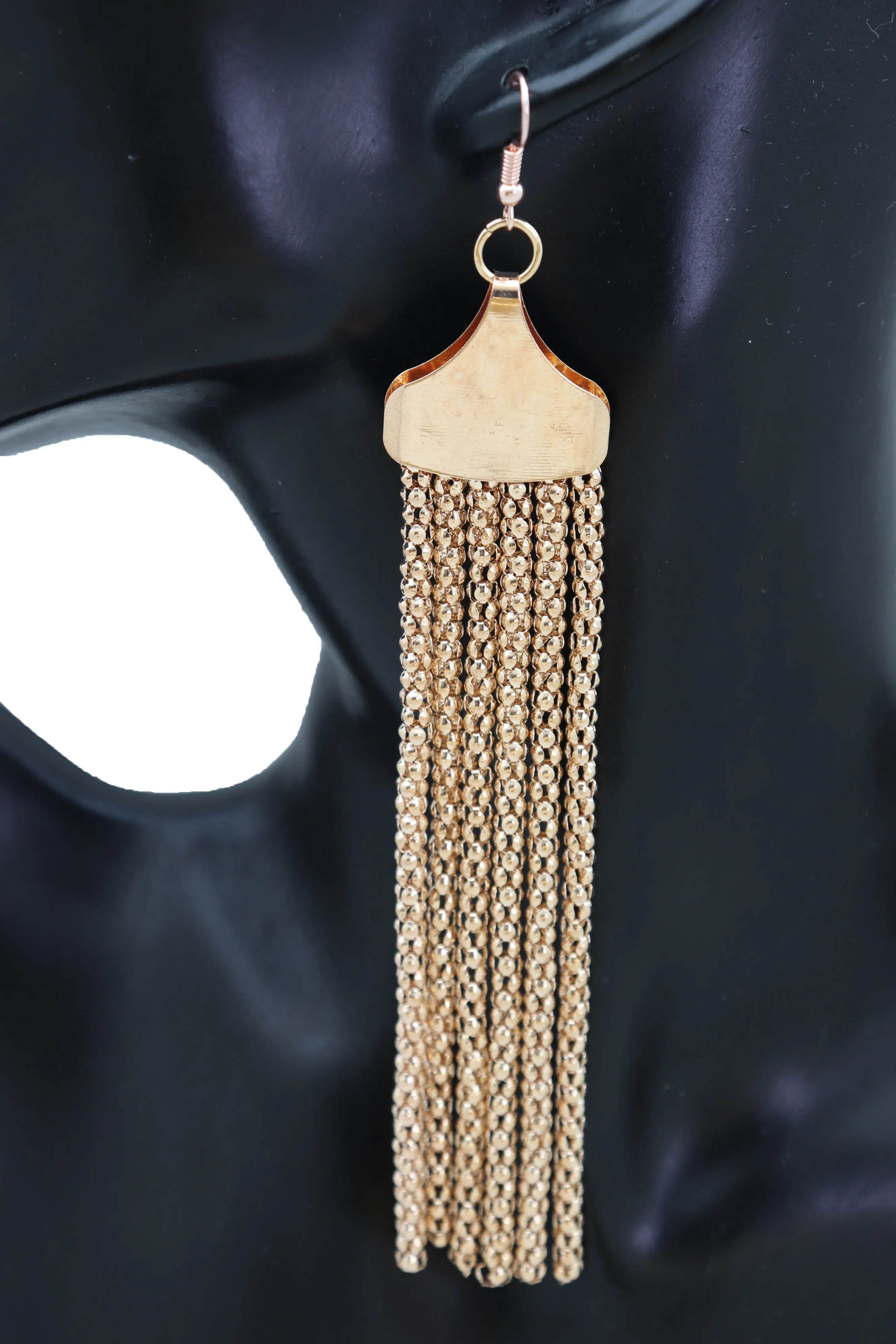 Long Gold Metal Fringe Dangle Earrings