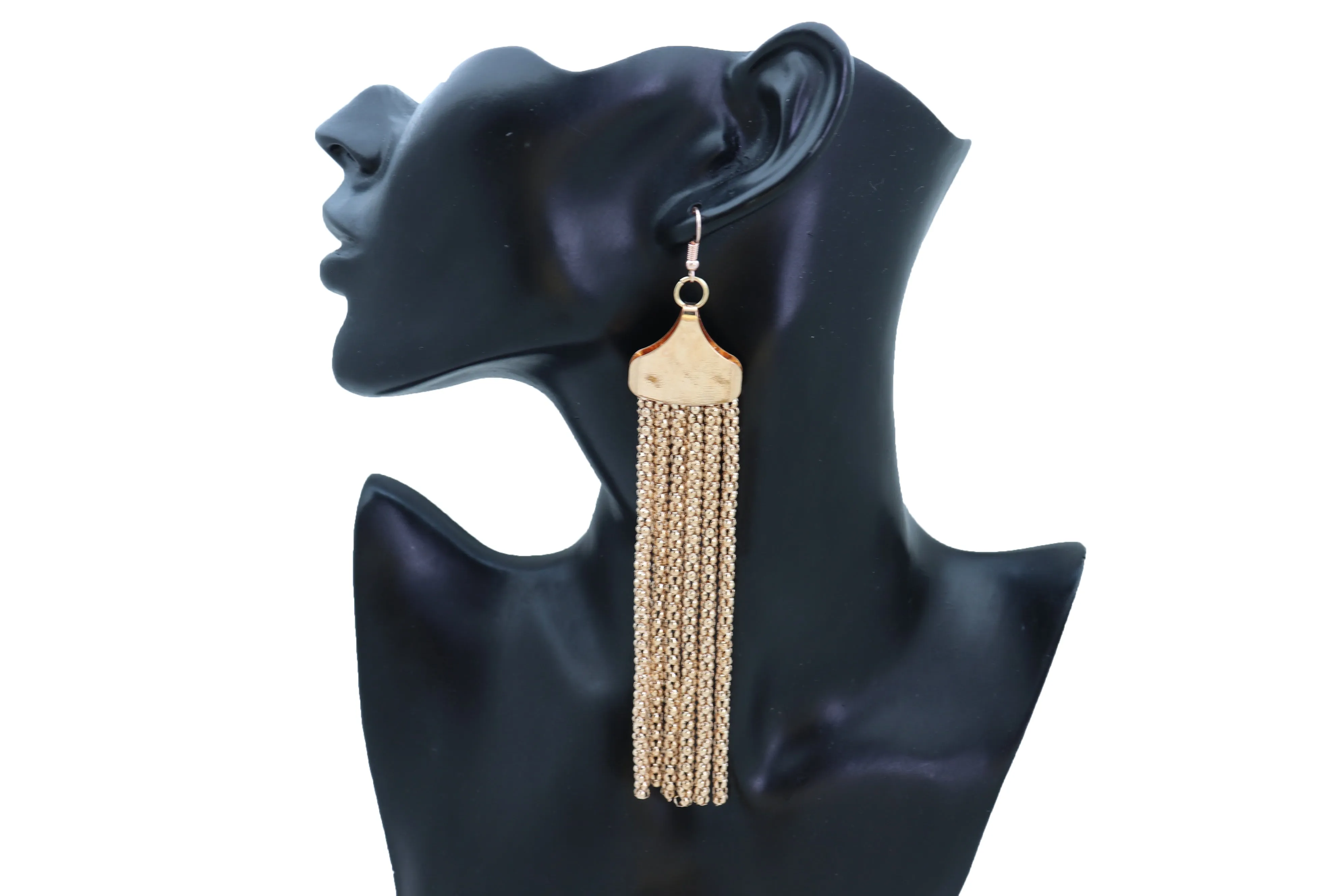 Long Gold Metal Fringe Dangle Earrings