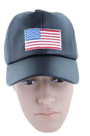 Men Baseball Cap Hat Black Faux Leather Fabric Casual Style Fashion USA Flag