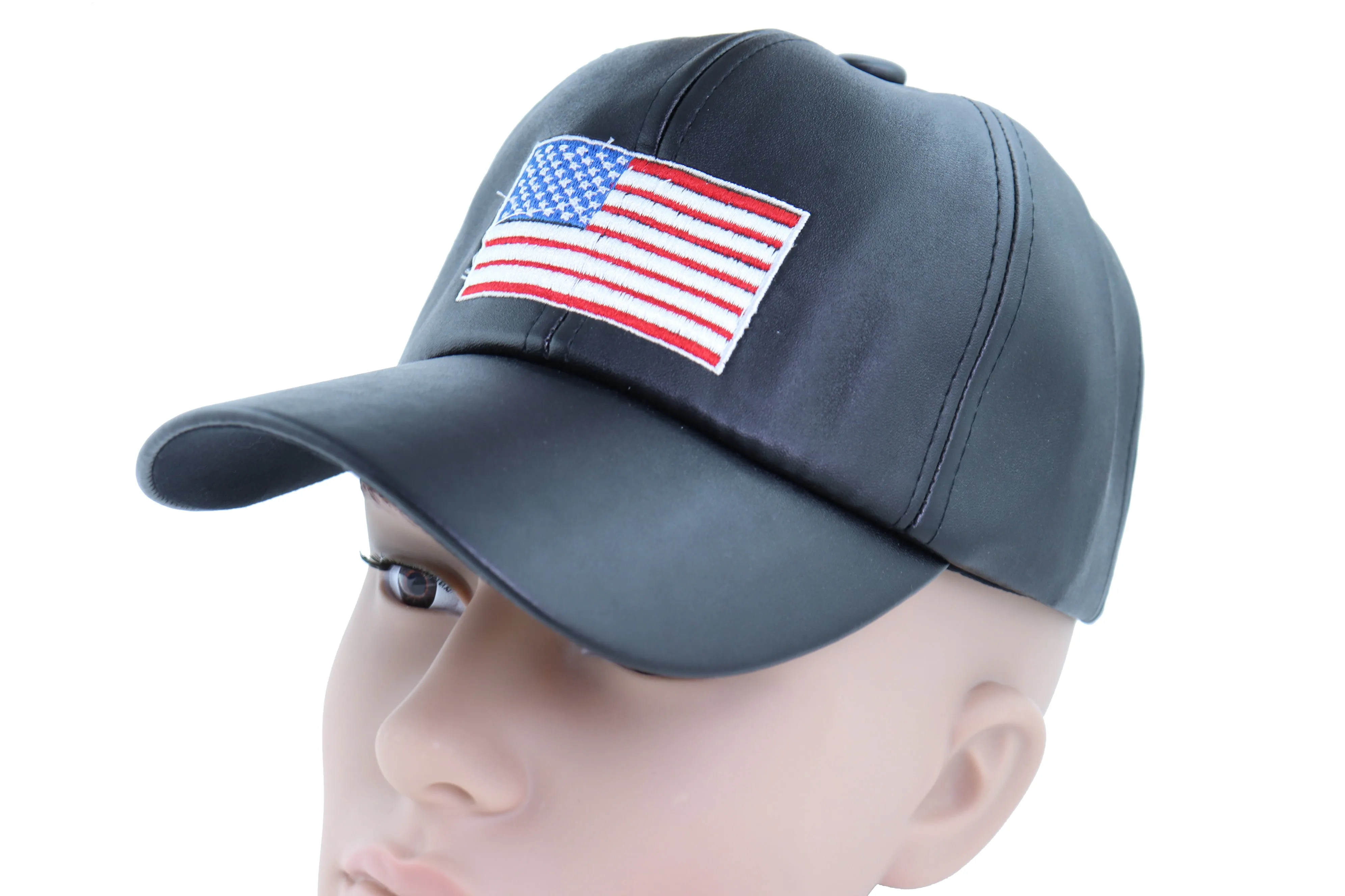 Men Baseball Cap Hat Black Faux Leather Fabric Casual Style Fashion USA Flag