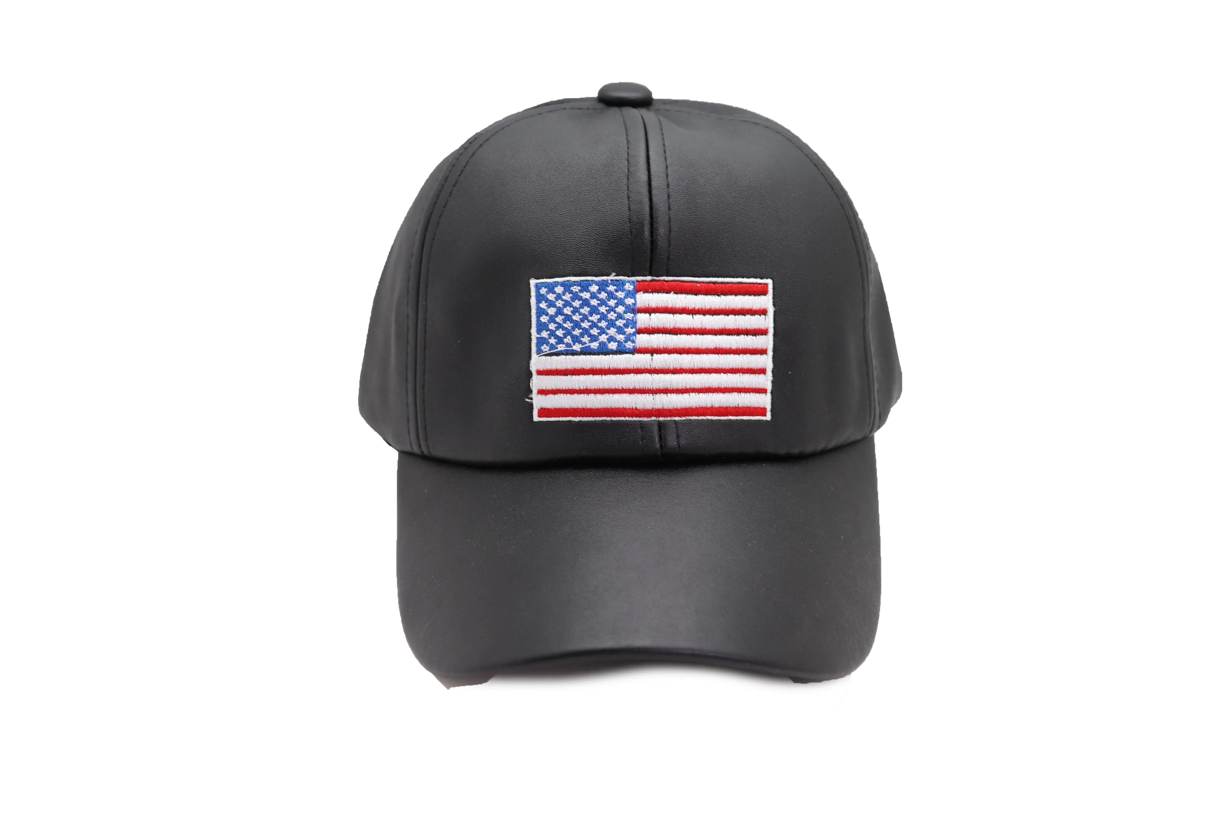 Men Baseball Cap Hat Black Faux Leather Fabric Casual Style Fashion USA Flag