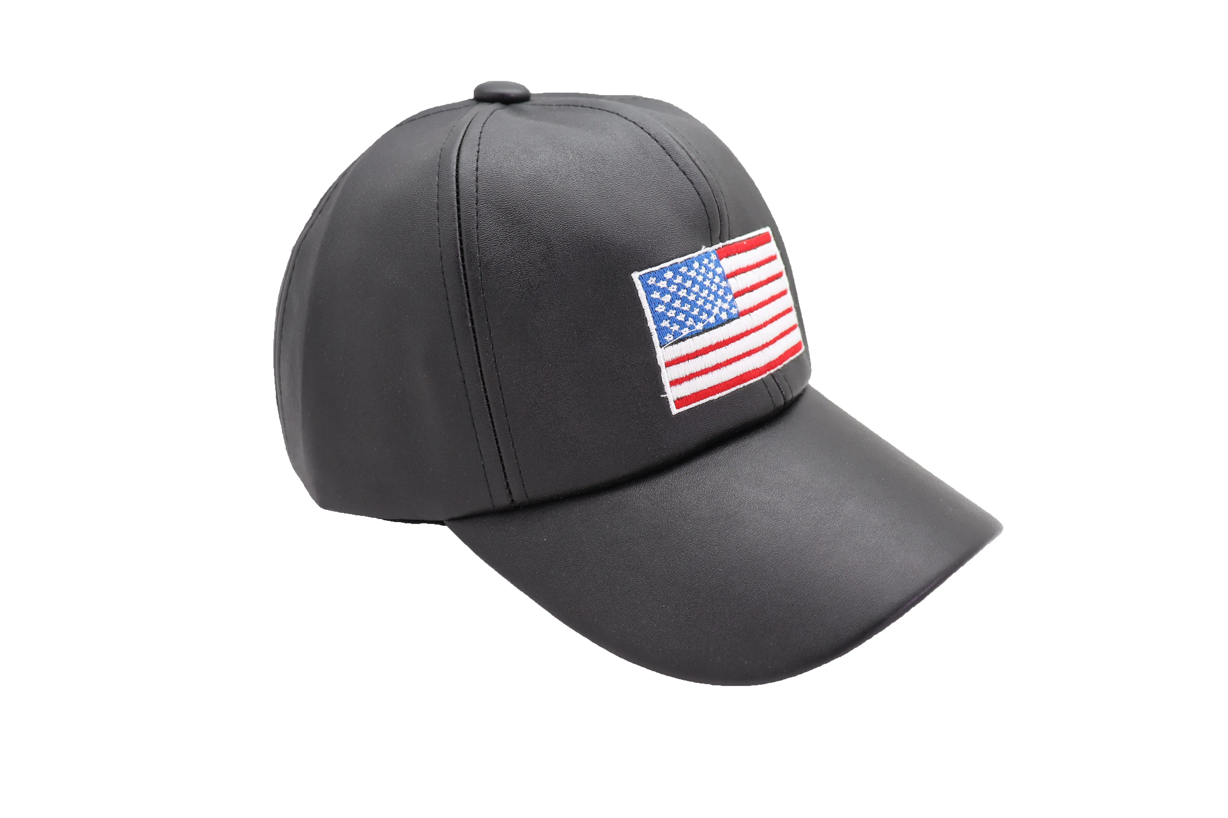 Men Baseball Cap Hat Black Faux Leather Fabric Casual Style Fashion USA Flag